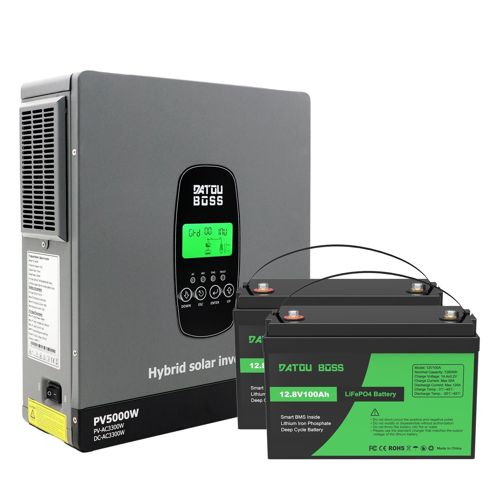 DATOUBOSS 24V 3.3kW 2.56kWh Solar Home Storage Backup Off Grid Kit 100Ah LiFePO4 (2x12V100Ah) + 3300W Hybrid Inverter 150A MPPT Pure Sine Wave, On Grid, 24V DC to 220/230V AC, BMS Protection System, for RV Solar Home System - Xdatou | Rechargeable Lifepo4 Batteries Voltage Converters Inverter Imagen principal del producto