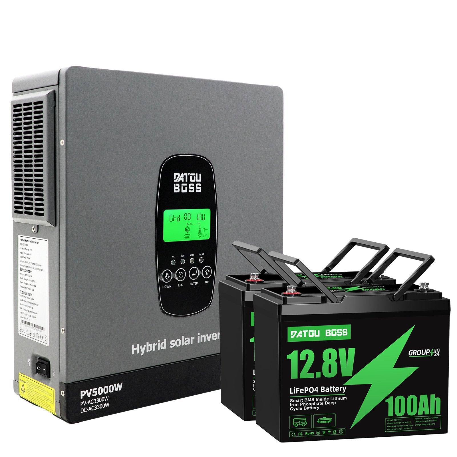 DATOUBOSS 24V 3.3kW 2.56kWh Solar Home Storage Backup Off Grid Kit 100Ah LiFePO4 (2x12V100Ah) + 3300W Hybrid Inverter 150A MPPT Pure Sine Wave, On Grid, 24V DC to 220/230V AC, BMS Protection System, for RV Solar Home System - Xdatou | Rechargeable Lifepo4 Batteries Voltage Converters Inverter Imagen principal del producto