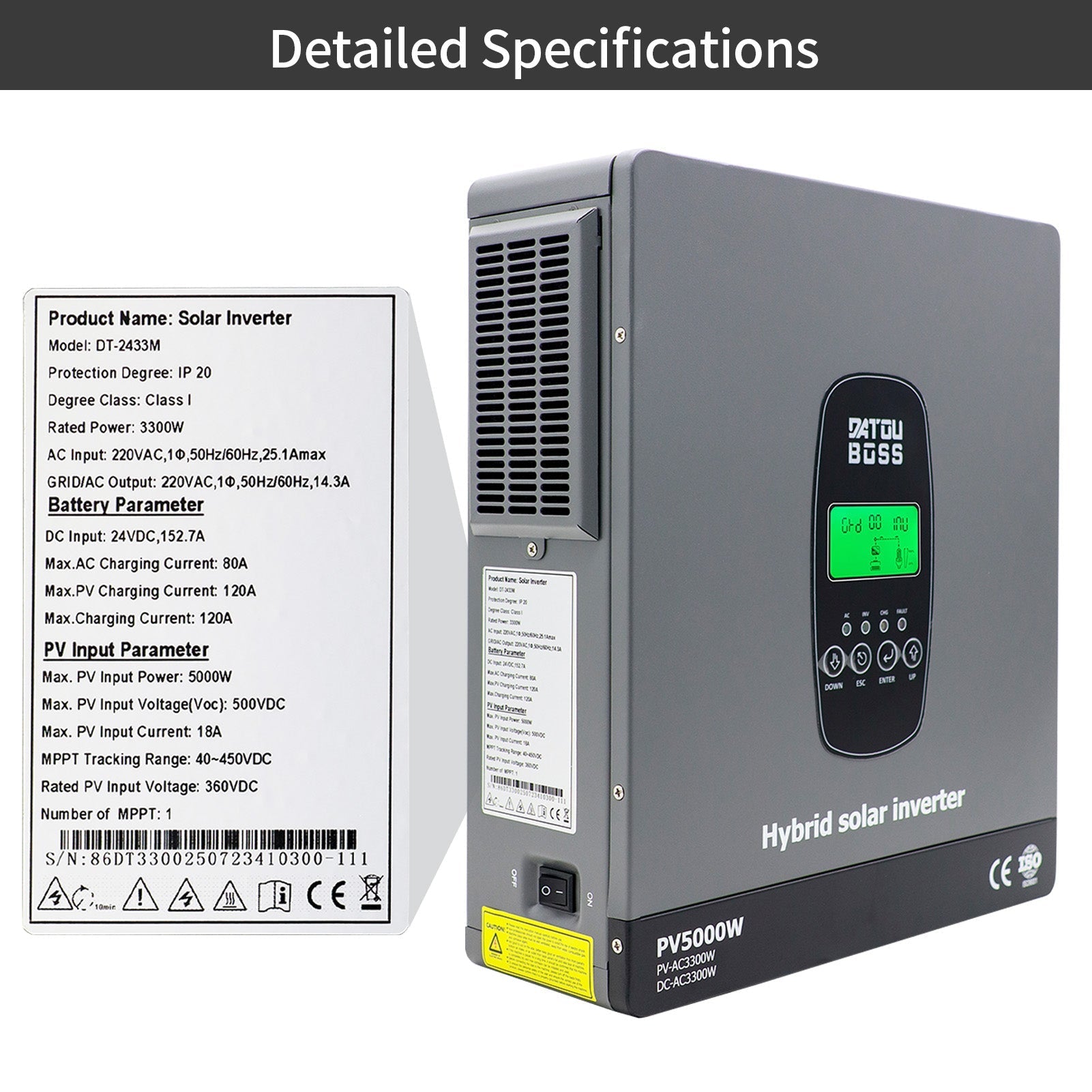 DATOUBOSS 24V 3.3kW 2.56kWh Solar Home Storage Backup Off Grid Kit 100Ah LiFePO4 (2x12V100Ah) + 3300W Hybrid Inverter 150A MPPT Pure Sine Wave, On Grid, 24V DC to 220/230V AC, BMS Protection System, for RV Solar Home System - Xdatou | Rechargeable Lifepo4 Batteries Voltage Converters Inverter