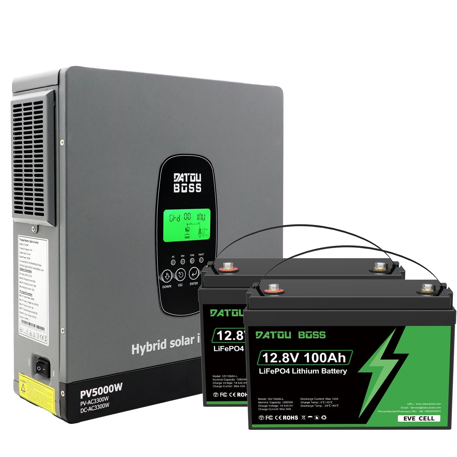 DATOUBOSS 24V 3.3kW 2.56kWh Solar Home Storage Backup Off Grid Kit 100Ah LiFePO4 (2x12V100Ah, EVE cells) + 3300W Hybrid Inverter, 150A MPPT, Pure Sine Wave, On Grid，24V DC to 220/230V AC, BMS Protection, for RV & Home Solar Systems. - Xdatou | Rechargeable Lifepo4 Batteries Voltage Converters Inverter Imagen principal del producto