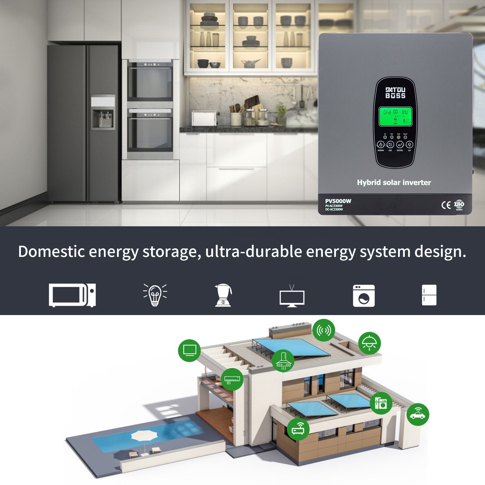 DATOUBOSS 24V 3.3kW 5.12kWh Solar Home Storage Backup Off Grid Kit 200Ah LiFePO4 (2x12V200Ah) + 3300W Hybrid Inverter 150A MPPT Pure Sine Wave, 24V DC to 220/230V AC, BMS Protection System, for RV Solar Home System - Xdatou | Rechargeable Lifepo4 Batteries Voltage Converters Inverter