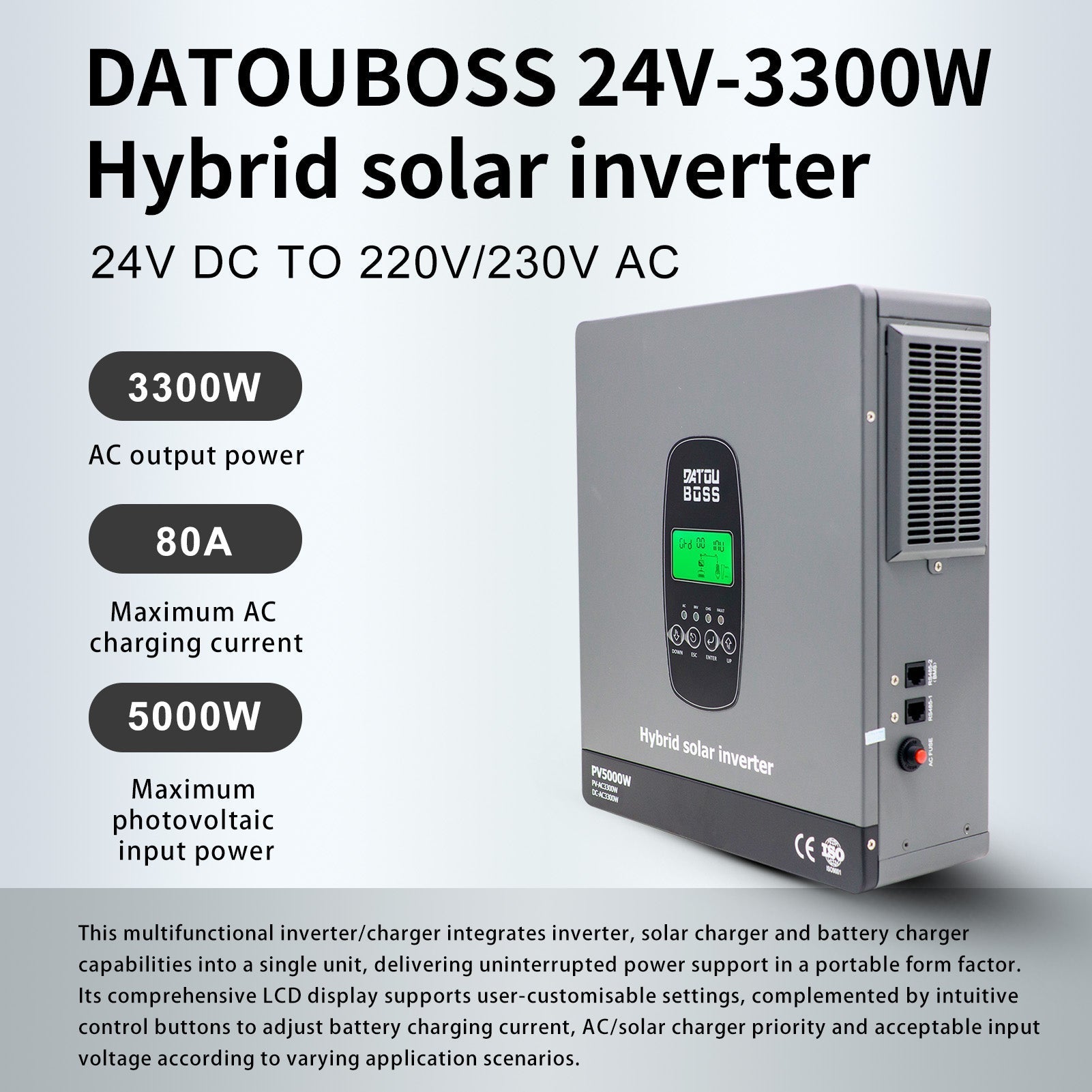 DATOUBOSS 24V 3.3kW 5.12kWh Solar Home Storage Backup Off Grid Kit 200Ah LiFePO4 (2x12V200Ah) + 3300W Hybrid Inverter 150A MPPT Pure Sine Wave, 24V DC to 220/230V AC, BMS Protection System, for RV Solar Home System - Xdatou | Rechargeable Lifepo4 Batteries Voltage Converters Inverter