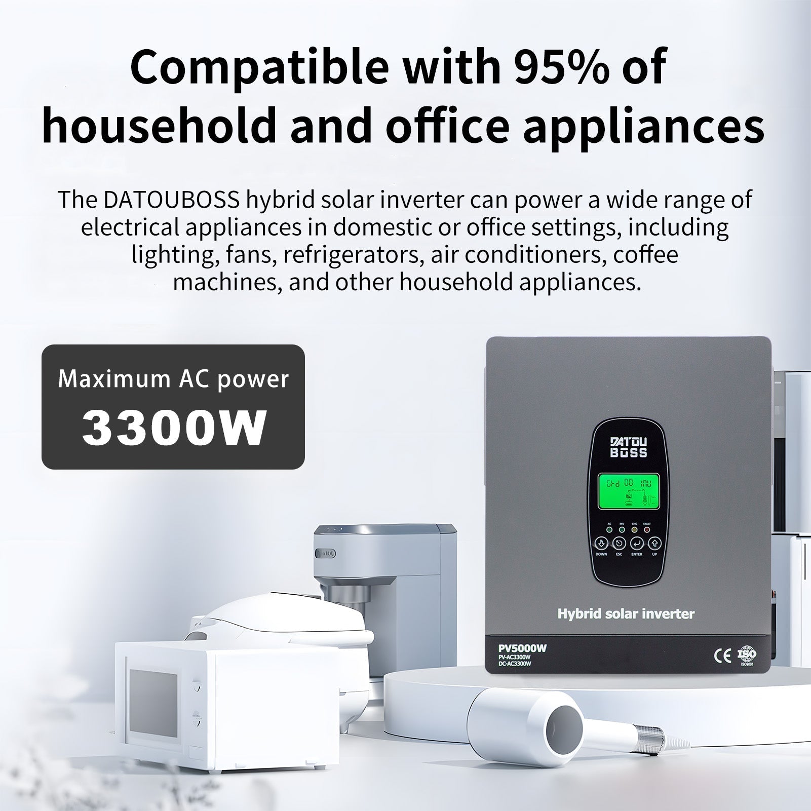 DATOUBOSS 24V 3.3kW 5.12kWh Solar Home Storage Backup Off Grid Kit 200Ah LiFePO4 (2x12V200Ah) + 3300W Hybrid Inverter 150A MPPT Pure Sine Wave, 24V DC to 220/230V AC, BMS Protection System, for RV Solar Home System - Xdatou | Rechargeable Lifepo4 Batteries Voltage Converters Inverter