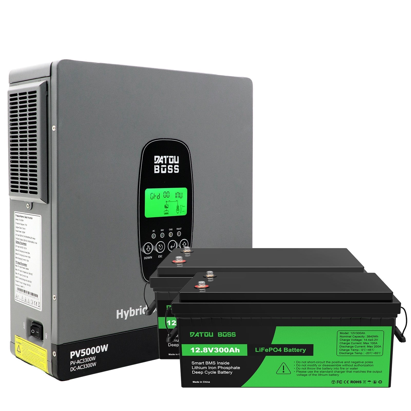 DATOUBOSS 24V 3.3kW 7.68kWh Solar Home Storage Backup Off Grid Kit 300Ah LiFePO4 (2x12V300Ah) + 3300W Hybrid Inverter 150A MPPT Pure Sine Wave, 24V DC to 220/230V AC, BMS Protection System, for RV Solar Home System - Xdatou | Rechargeable Lifepo4 Batteries Voltage Converters Inverter Immagine principale del prodotto
