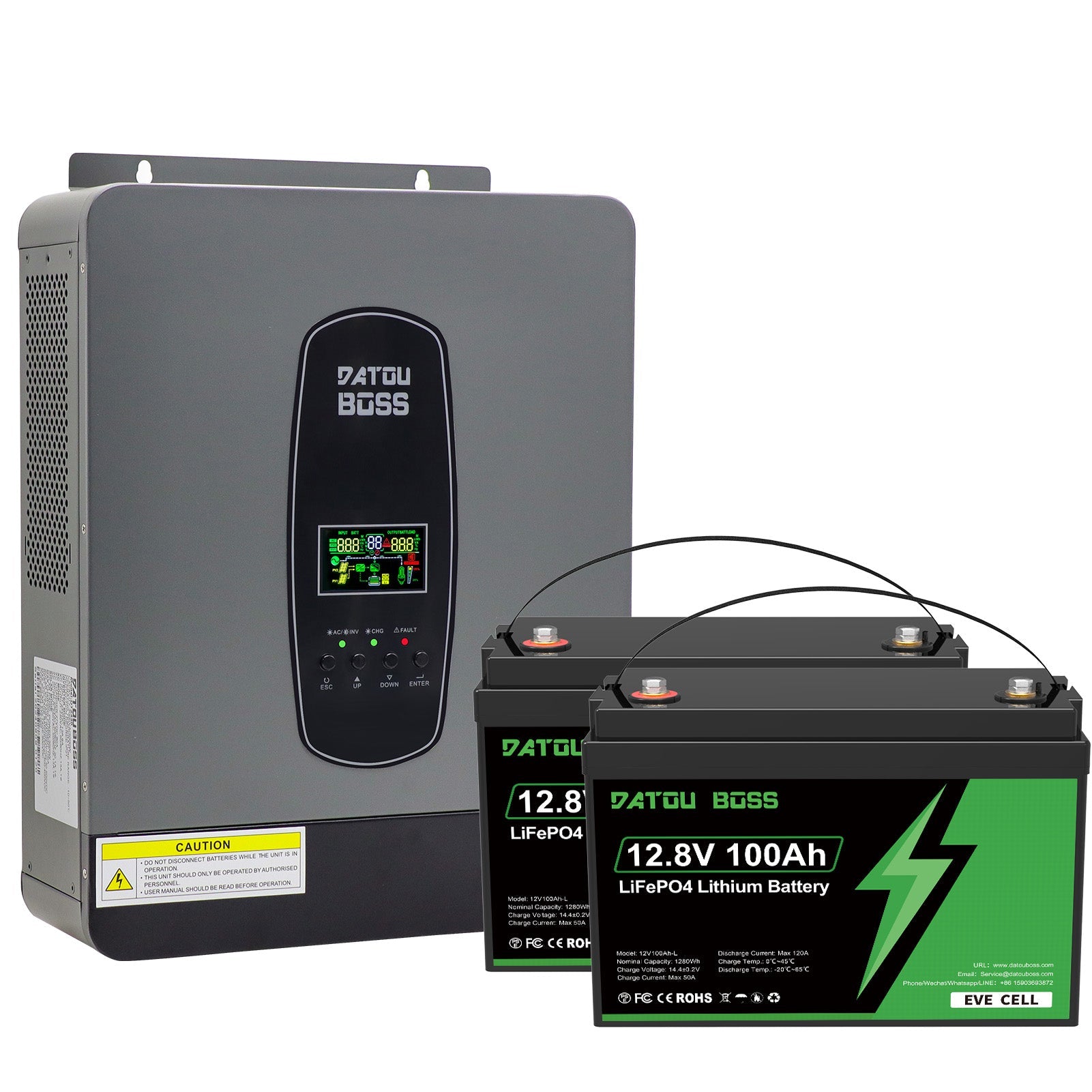 DATOUBOSS 24V 3kW 2.56kWh (EVE battery cells) Solar Home Storage Backup Off Grid Kit 300Ah LiFePO4 (2x12V100Ah，EVE battery cells) + 3000W Hybrid Inverter 100A MPPT Pure Sine Wave, 200A BMS, for RV Solar Home System - Xdatou | Rechargeable Lifepo4 Batteries Voltage Converters Inverter Main image