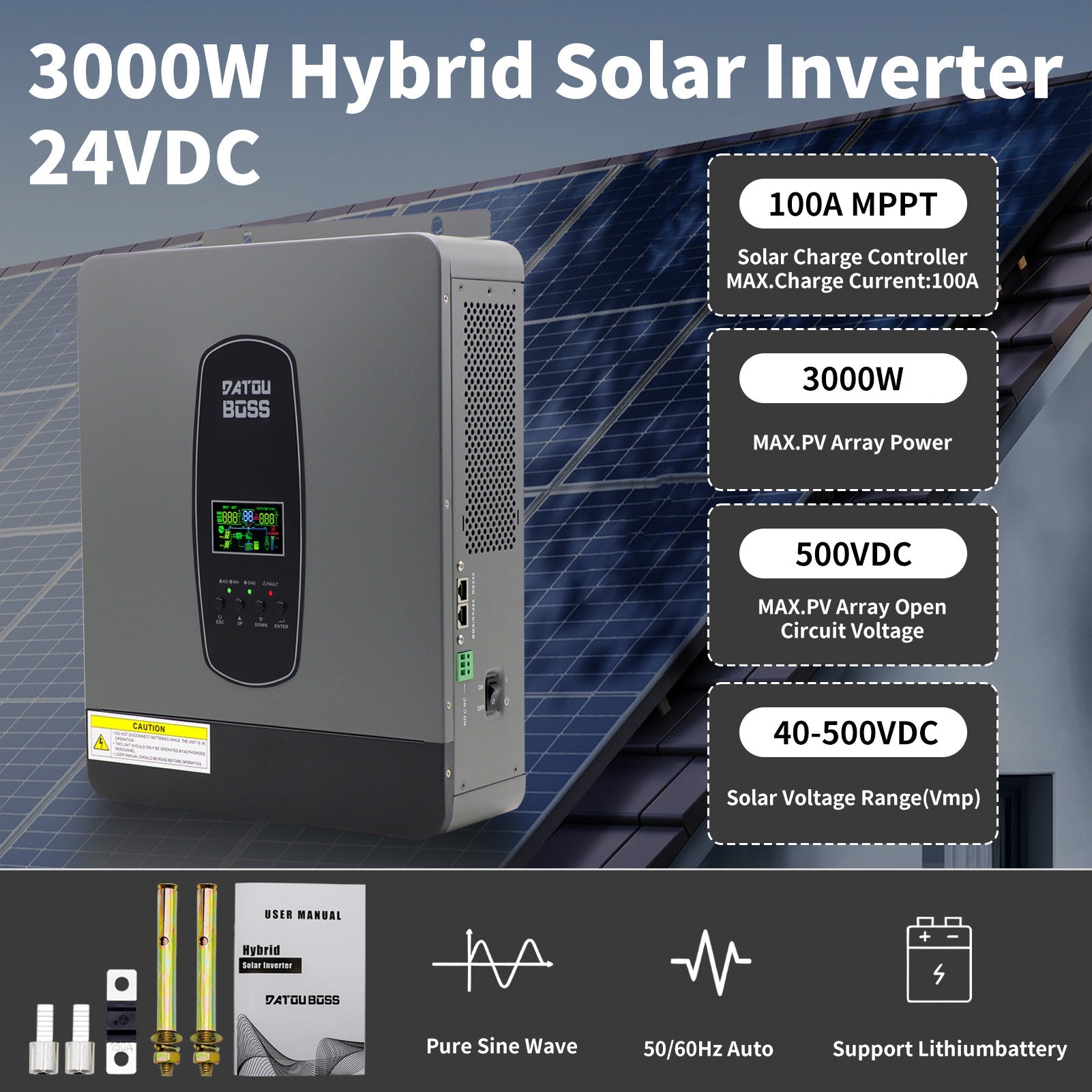 DATOUBOSS 24V 3kW 2.56kWh Solar Home Storage Backup Off Grid System Kit 300Ah LiFePO4 (2x12V100Ah) + 3000W Hybrid Inverter 100A MPPT Pure Sine Wave, 200A BMS, for RV Solar Home System - Xdatou | Rechargeable Lifepo4 Batteries Voltage Converters Inverter