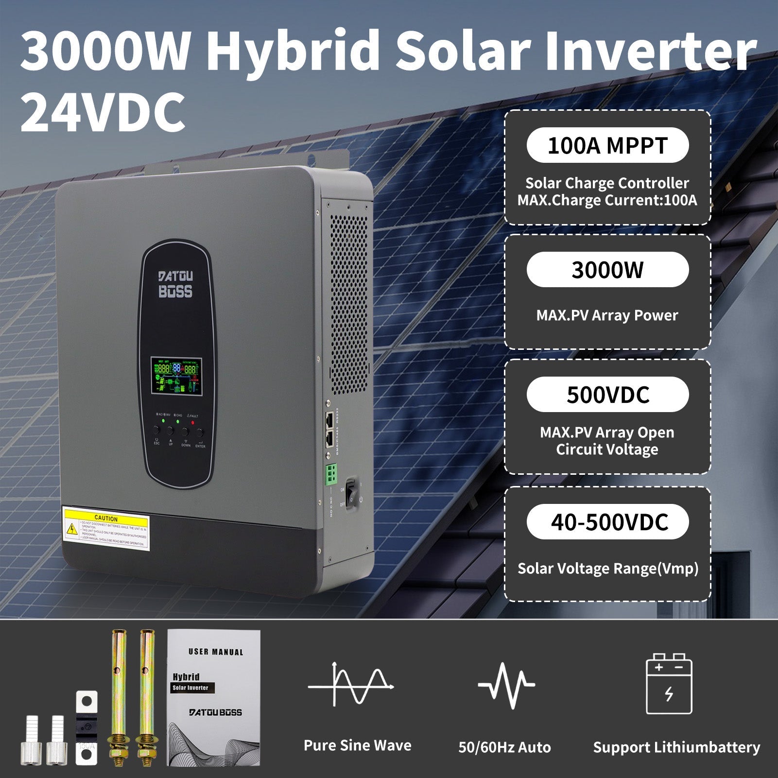 DATOUBOSS 24V 3kW 7.68kWh Solar Home Storage Backup Off Grid Kit 300Ah LiFePO4 (2x12V300Ah) + 3000W Hybrid Inverter 100A MPPT Pure Sine Wave, 200A BMS, for RV Solar Home System - Xdatou | Rechargeable Lifepo4 Batteries Voltage Converters Inverter