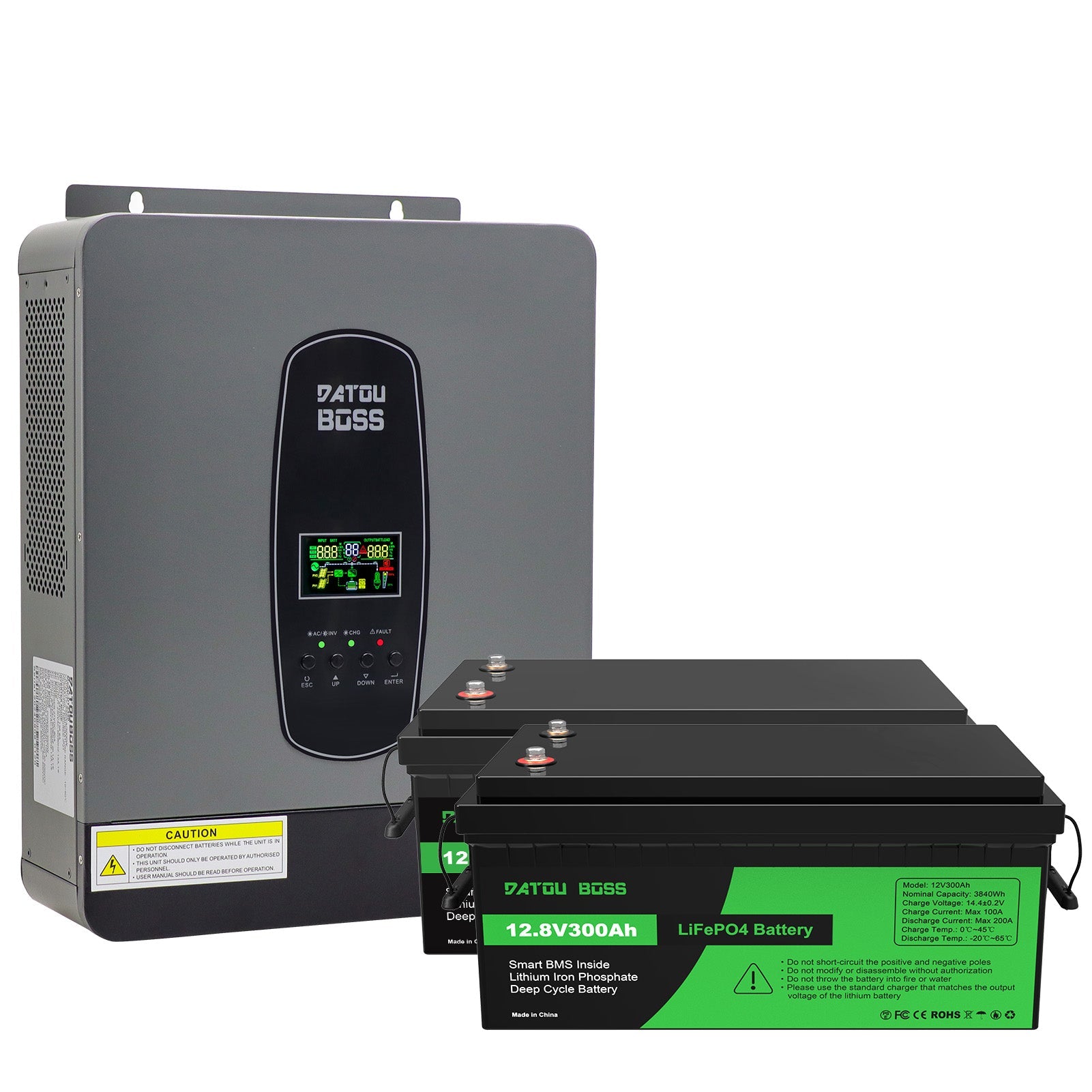 DATOUBOSS 24V 3kW 7.68kWh Solar Home Storage Backup Off Grid Kit 300Ah LiFePO4 (2x12V300Ah) + 3000W Hybrid Inverter 100A MPPT Pure Sine Wave, 200A BMS, for RV Solar Home System - Xdatou | Rechargeable Lifepo4 Batteries Voltage Converters Inverter