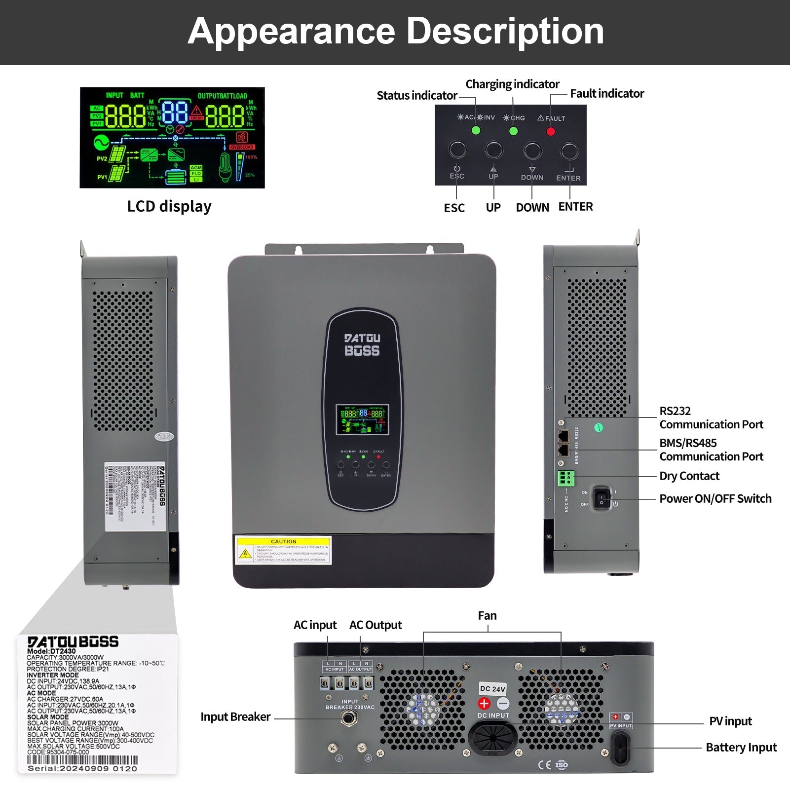 DATOUBOSS 24V 3kW 7.68kWh Solar Home Storage Backup Off Grid Kit 300Ah LiFePO4 (2x12V300Ah) + 3000W Hybrid Inverter 100A MPPT Pure Sine Wave, 200A BMS, for RV Solar Home System - Xdatou | Rechargeable Lifepo4 Batteries Voltage Converters Inverter