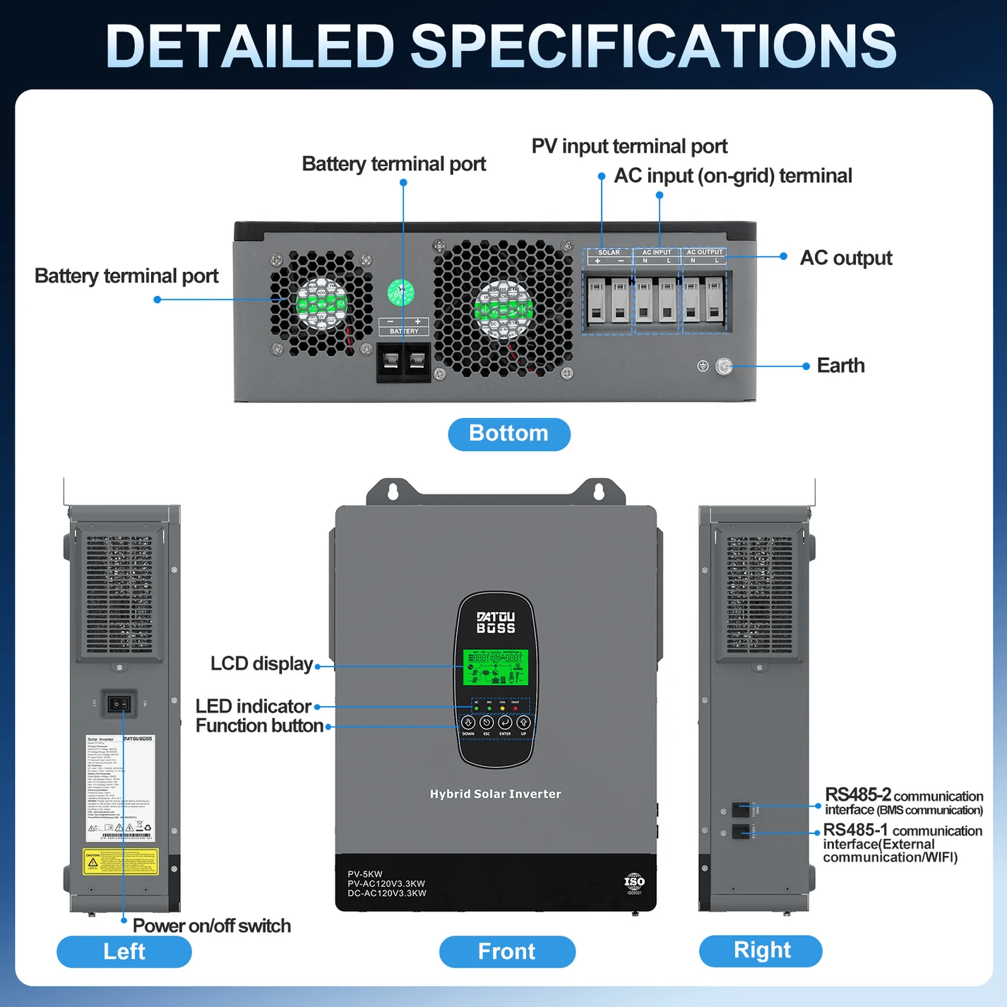 DATOUBOSS 3300W Hybrid Inverter 24V, Hybrid Solar Inverter On Grid, Supports Battery-Free Operation, 24V DC to 120V AC, BMS Protection System, with 150A MPPT for 24V Batteries - Xdatou | Rechargeable Lifepo4 Batteries Voltage Converters Inverter