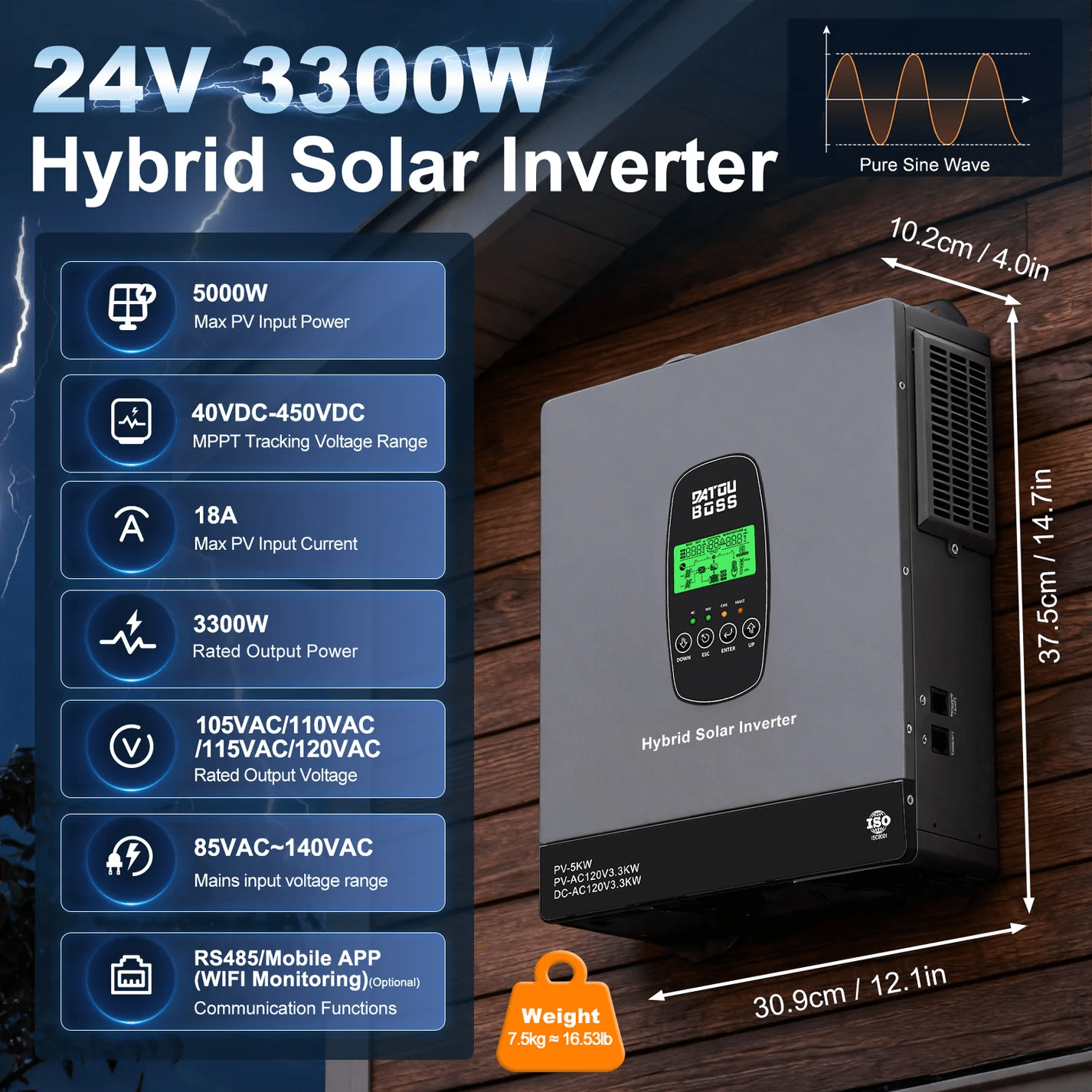 DATOUBOSS 3300W Hybrid Inverter 24V, Hybrid Solar Inverter On Grid, Supports Battery-Free Operation, 24V DC to 120V AC, BMS Protection System, with 150A MPPT for 24V Batteries - Xdatou | Rechargeable Lifepo4 Batteries Voltage Converters Inverter