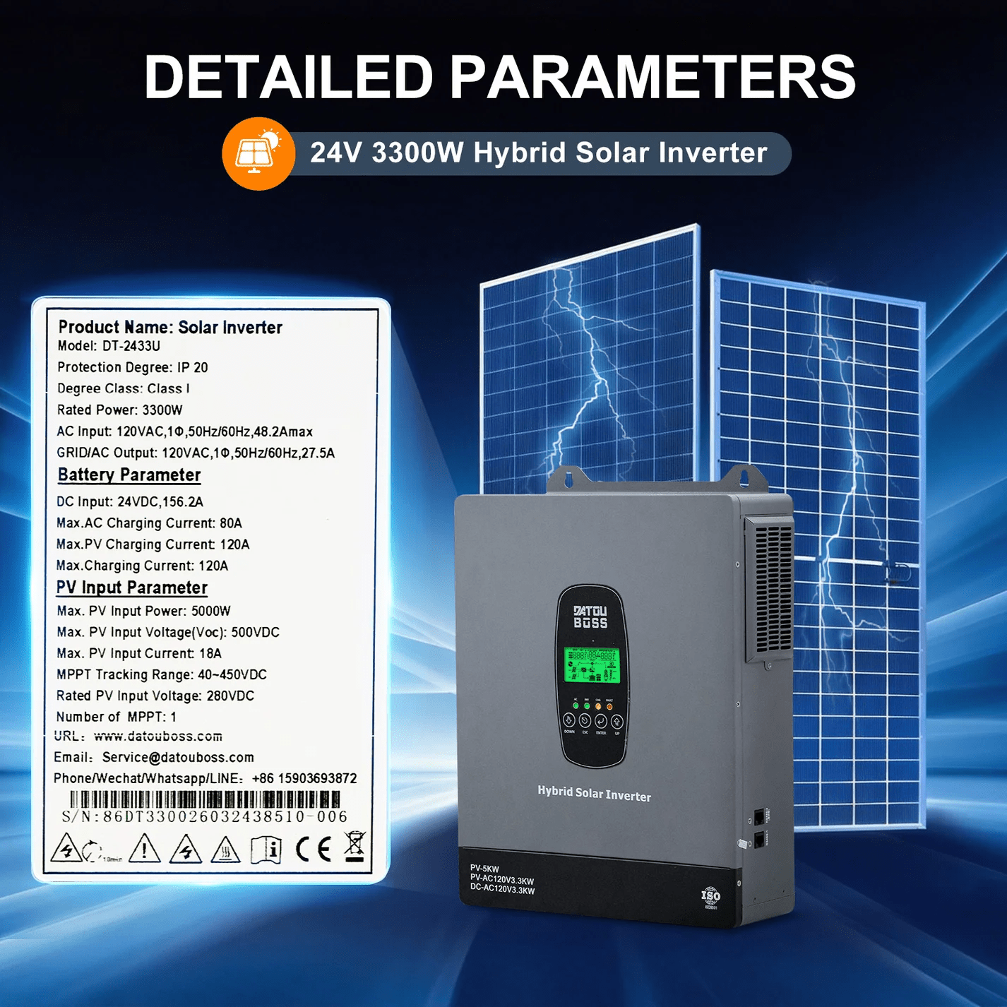 DATOUBOSS 3300W Hybrid Inverter 24V, Hybrid Solar Inverter On Grid, Supports Battery-Free Operation, 24V DC to 120V AC, BMS Protection System, with 150A MPPT for 24V Batteries - Xdatou | Rechargeable Lifepo4 Batteries Voltage Converters Inverter