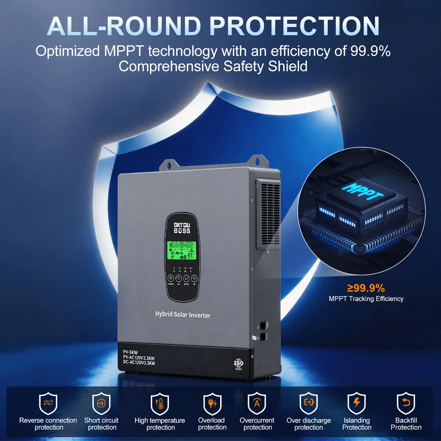 DATOUBOSS 3300W Hybrid Inverter 24V, Hybrid Solar Inverter On Grid, Supports Battery-Free Operation, 24V DC to 120V AC, BMS Protection System, with 150A MPPT for 24V Batteries - Xdatou | Rechargeable Lifepo4 Batteries Voltage Converters Inverter
