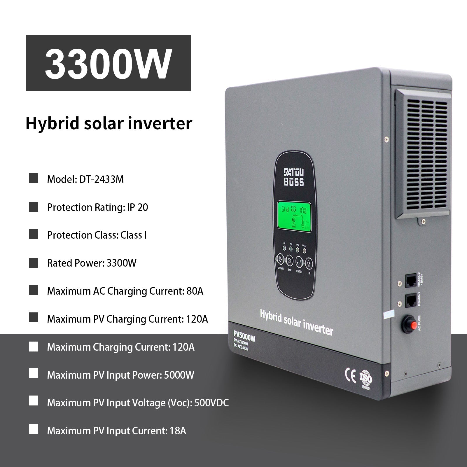 DATOUBOSS 3300W Hybrid Inverter 24V, Hybrid Solar Inverter On Grid, Supports Battery - Free Operation, 24V DC to 220/230V AC, BMS Protection System, with 150A MPPT for 24V Batteries - Xdatou | Rechargeable Lifepo4 Batteries Voltage Converters Inverter