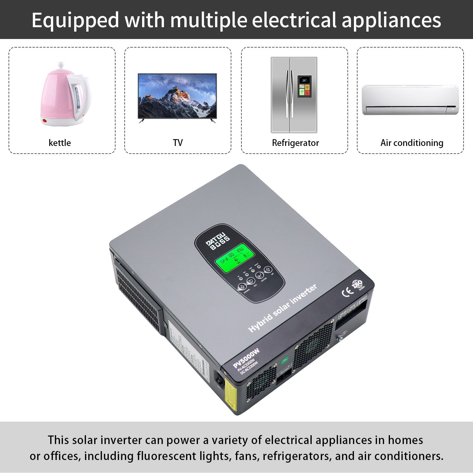 DATOUBOSS 3300W Hybrid Inverter 24V, Hybrid Solar Inverter On Grid, Supports Battery - Free Operation, 24V DC to 220/230V AC, BMS Protection System, with 150A MPPT for 24V Batteries - Xdatou | Rechargeable Lifepo4 Batteries Voltage Converters Inverter