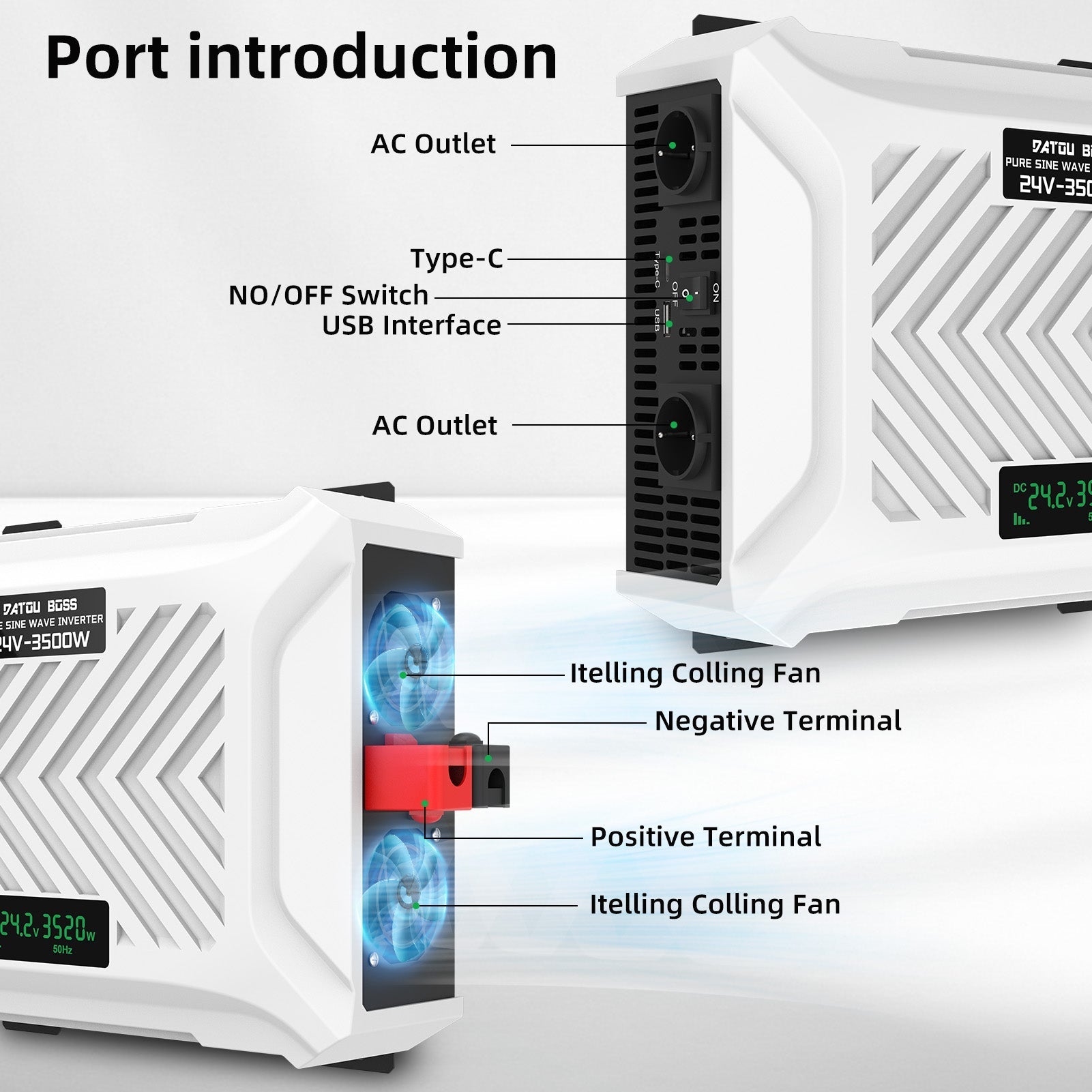 DATOUBOSS 3500W Pure Sine Wave Inverter 24V to 230V, AC Voltage Converter, Peak Power 7000W Peak Power, with Intelligent Detection System & LCD Display & 2 EU Socket - Xdatou | Rechargeable Lifepo4 Batteries Voltage Converters Inverter