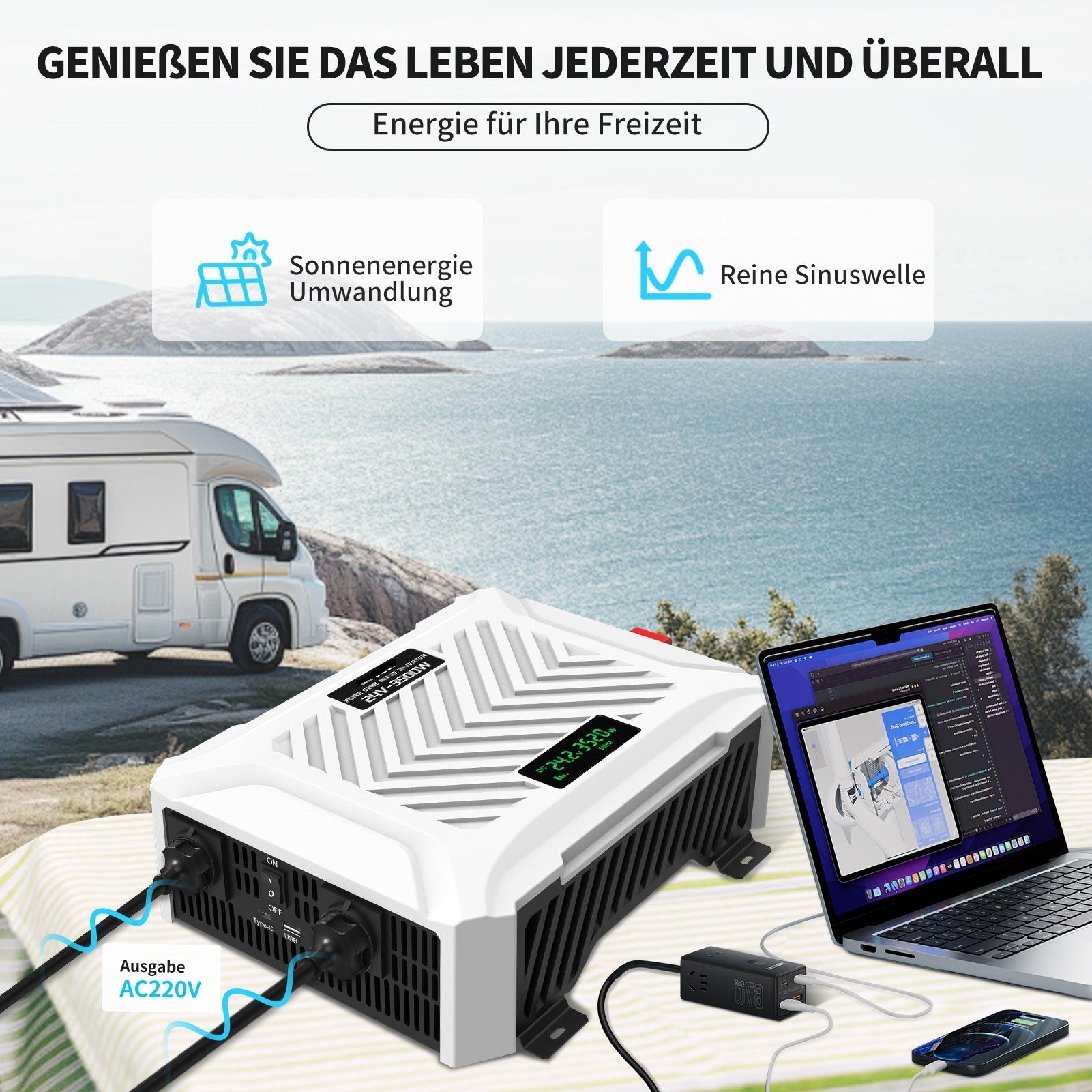 DATOUBOSS 3500W Pure Sine Wave Inverter 24V to 230V, AC Voltage Converter, Peak Power 7000W Peak Power, with Intelligent Detection System & LCD Display & 2 EU Socket - Xdatou | Rechargeable Lifepo4 Batteries Voltage Converters Inverter