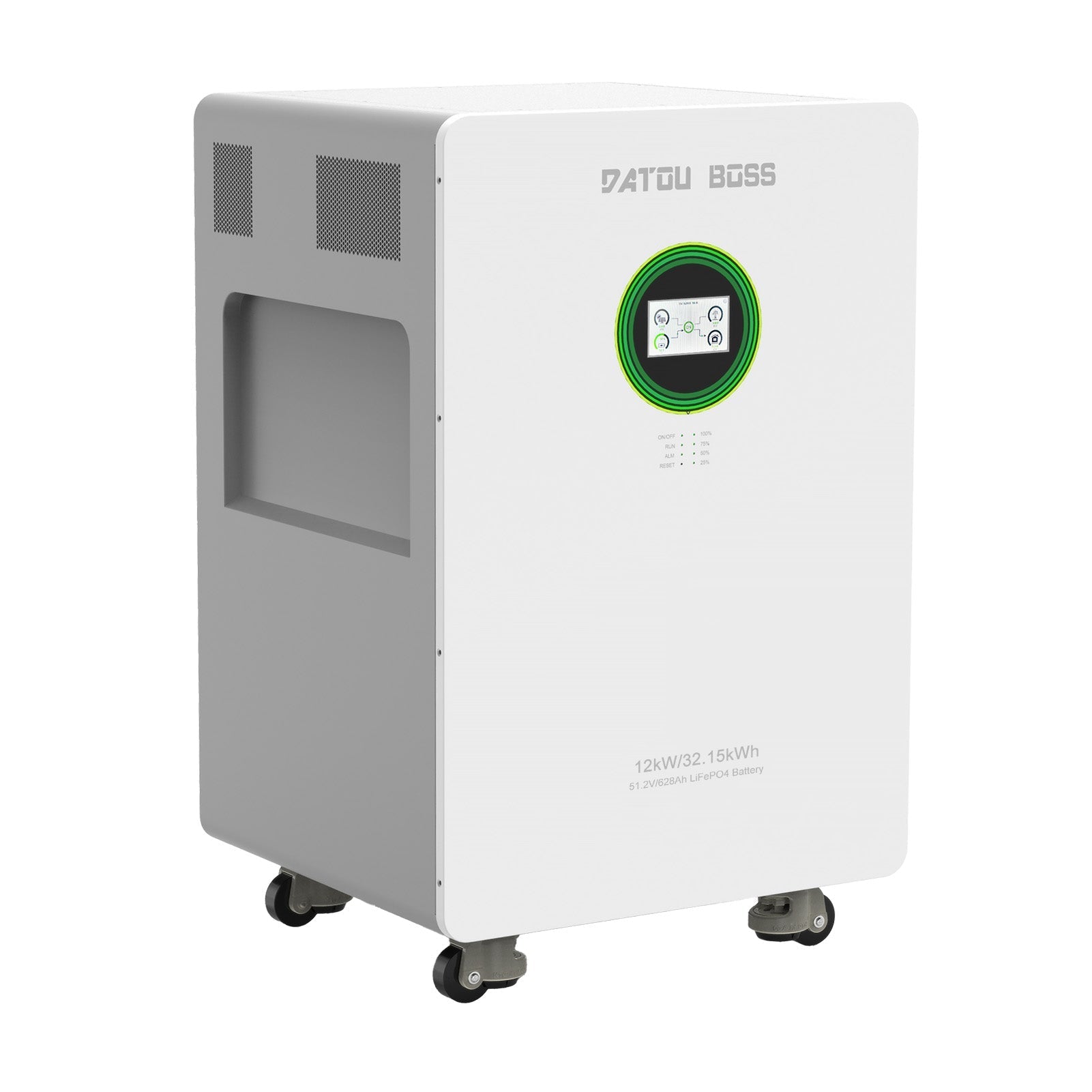 DATOUBOSS AIO system, 48V 12000W hybrid inverter & 628Ah LiFePO4 battery, with LCD screen, and on wheels. for energy systems. Main image
