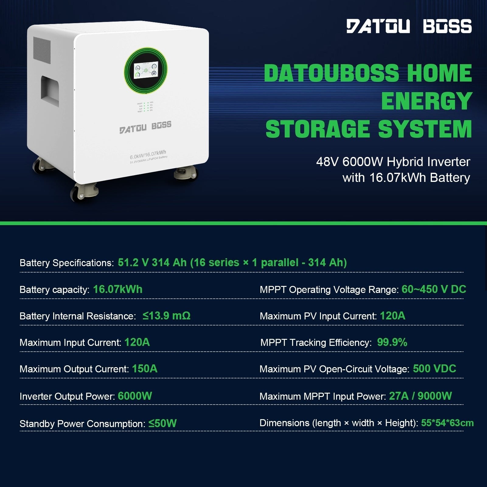 DATOUBOSS AIO System, 48V 6000W Hybrid Inverter&314Ah LiFePO4 Battery for solar energy storage Secondary image
