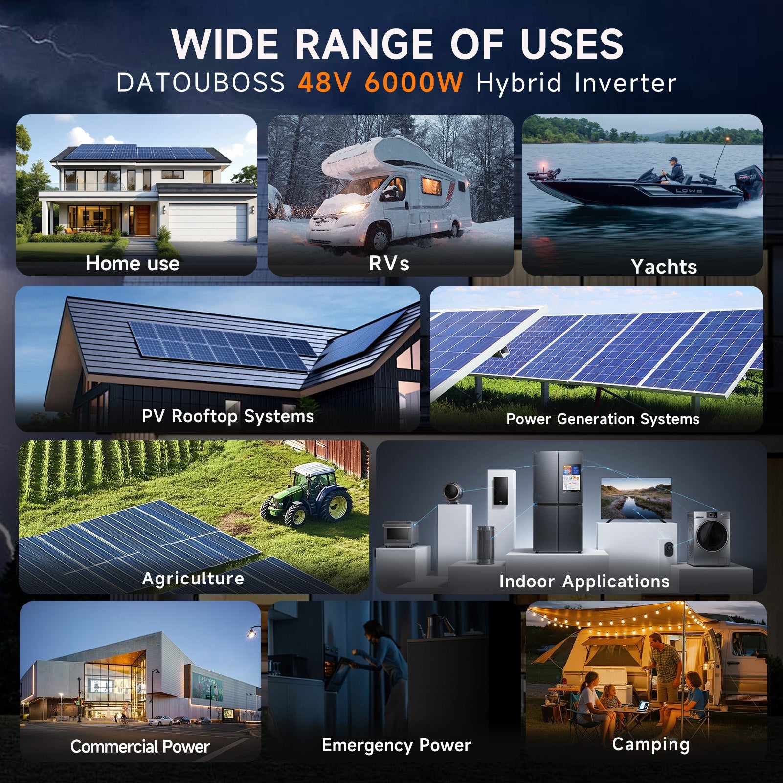 DATOUBOSS 48V 314Ah LiFePO4 Battery 16kWh with 6200W Hybrid Inverter. Pure Sine Wave, 120A MPPT, BMS Protection, for off-grid