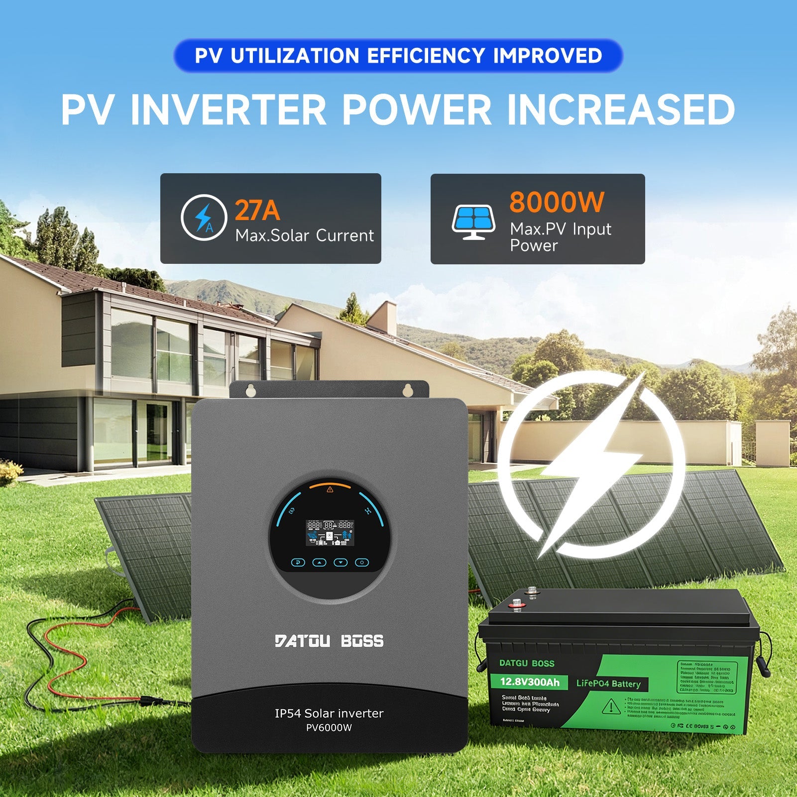 DATOUBOSS 48V 6kW 16kWh Solar Home Storage Backup Off Grid Kit314Ah LiFePO4(210A BMS)+ 6000W Solar Hybrid Inverter 120A MPPT Pure Sine Wave, 48VDC to 230VAC, 8500W PV Input, BMS Protection, Dust and Water-Resistant, for Solar Home RV Energy Storage - Xdatou | Rechargeable Lifepo4 Batteries Voltage Converters Inverter