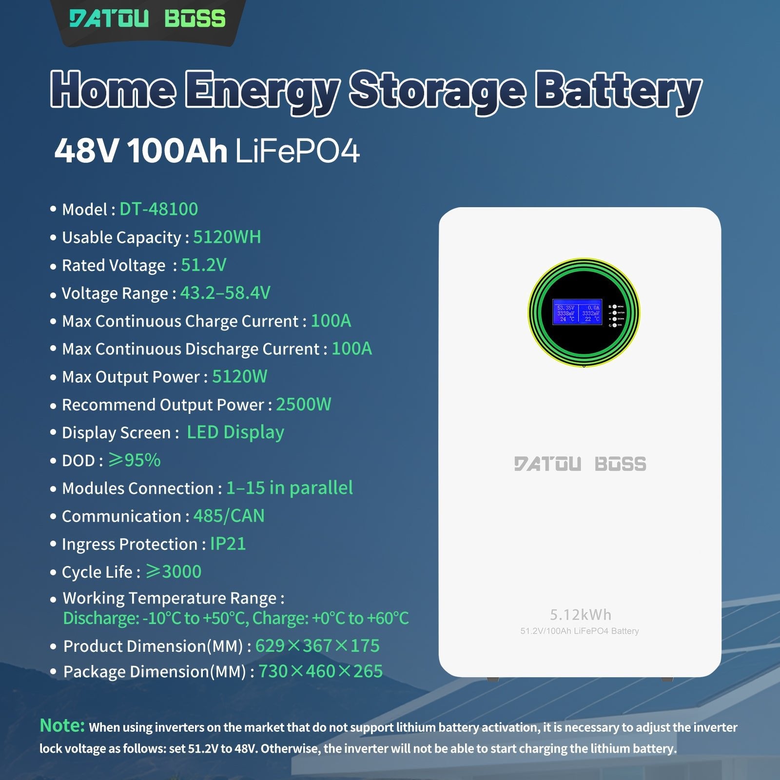 DATOUBOSS 51.2V 100Ah LiFePO4 Battery, 5.12kWh, 100A BMS , Wall - Mounted ,for Solar Home RV Energy Storage - Xdatou | Rechargeable Lifepo4 Batteries Voltage Converters Inverter