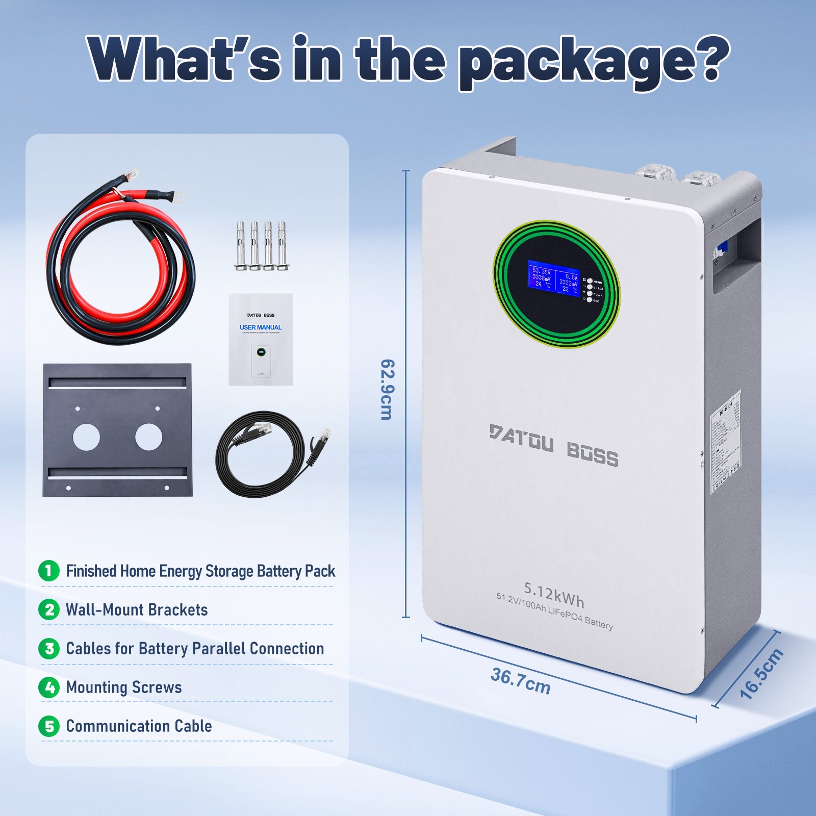 DATOUBOSS 48V 100Ah Lithium-FePO4-Batterie mit 200A BMS-Tiefzyklusbatterie für DIY-Wohnmobil-, Auto- und Solaranlagen im Haushalt Zweitbild