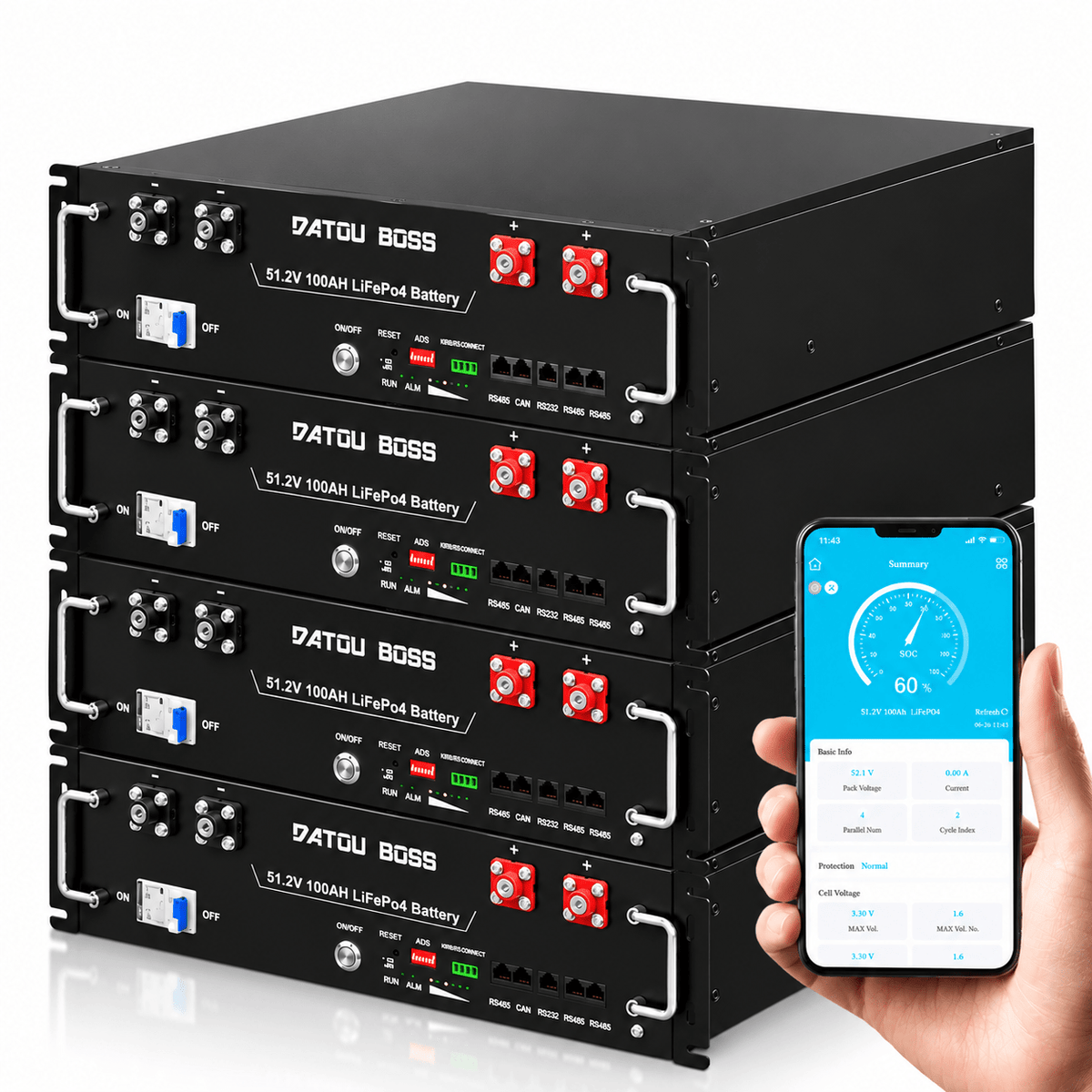 DATOUBOSS 51.2V 100Ah Rack Mount LiFePO4 Battery 5.12kWh, Grade A+ Cells, Bluetooth APP, BMS for RV & Solar Home System - Xdatou