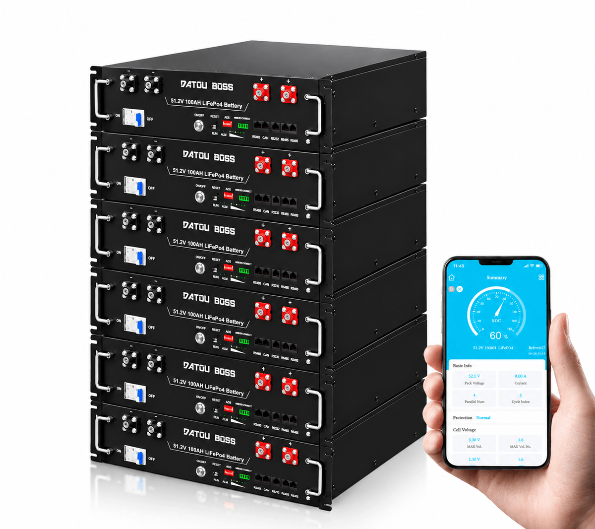 DATOUBOSS 51.2V 100Ah Rack Mount LiFePO4 Battery 5.12kWh, Grade A+ Cells, Bluetooth APP, BMS for RV & Solar Home System - Xdatou