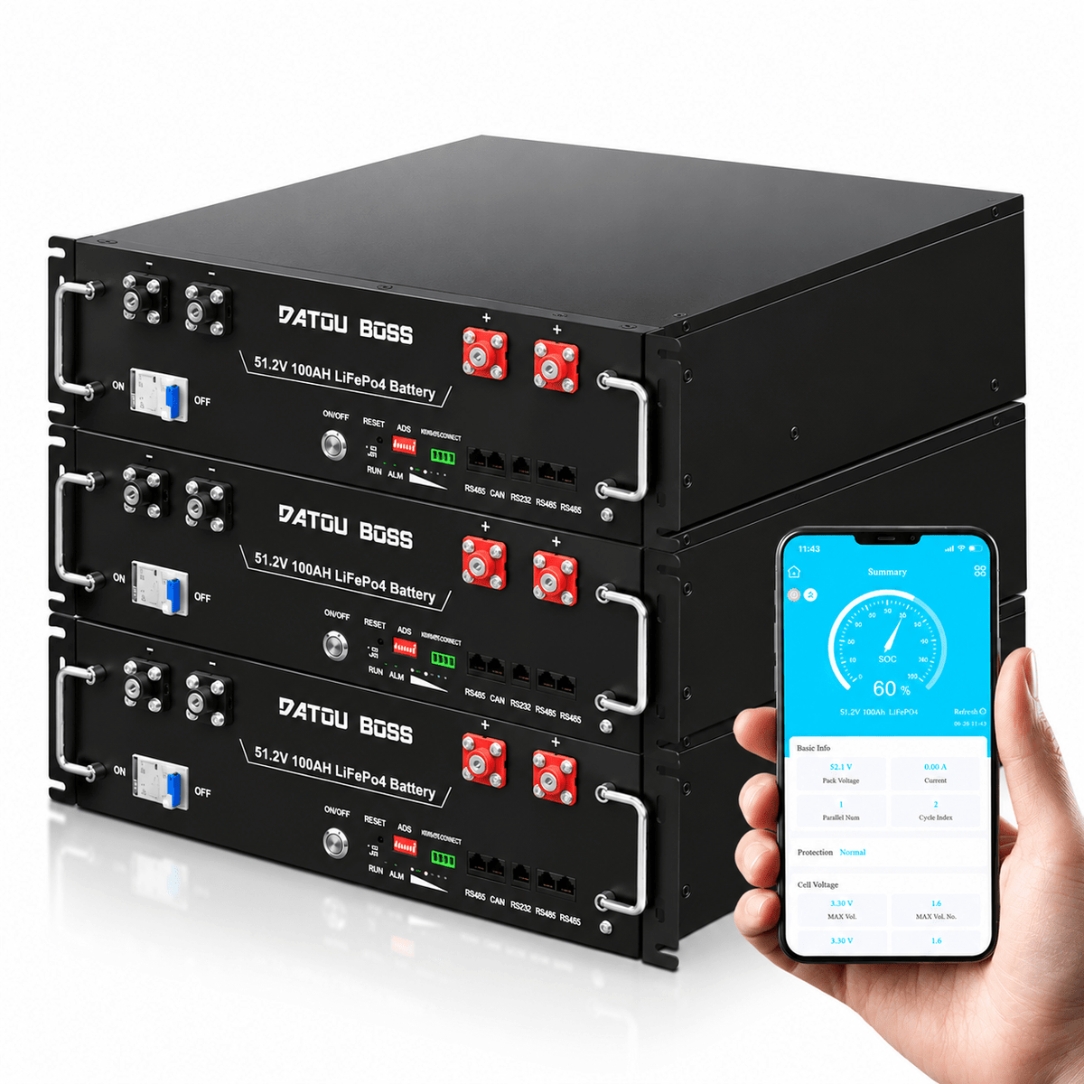 DATOUBOSS 51.2V 100Ah Rack Mount LiFePO4 Battery 5.12kWh, Grade A+ Cells, Bluetooth APP, BMS for RV & Solar Home System - Xdatou