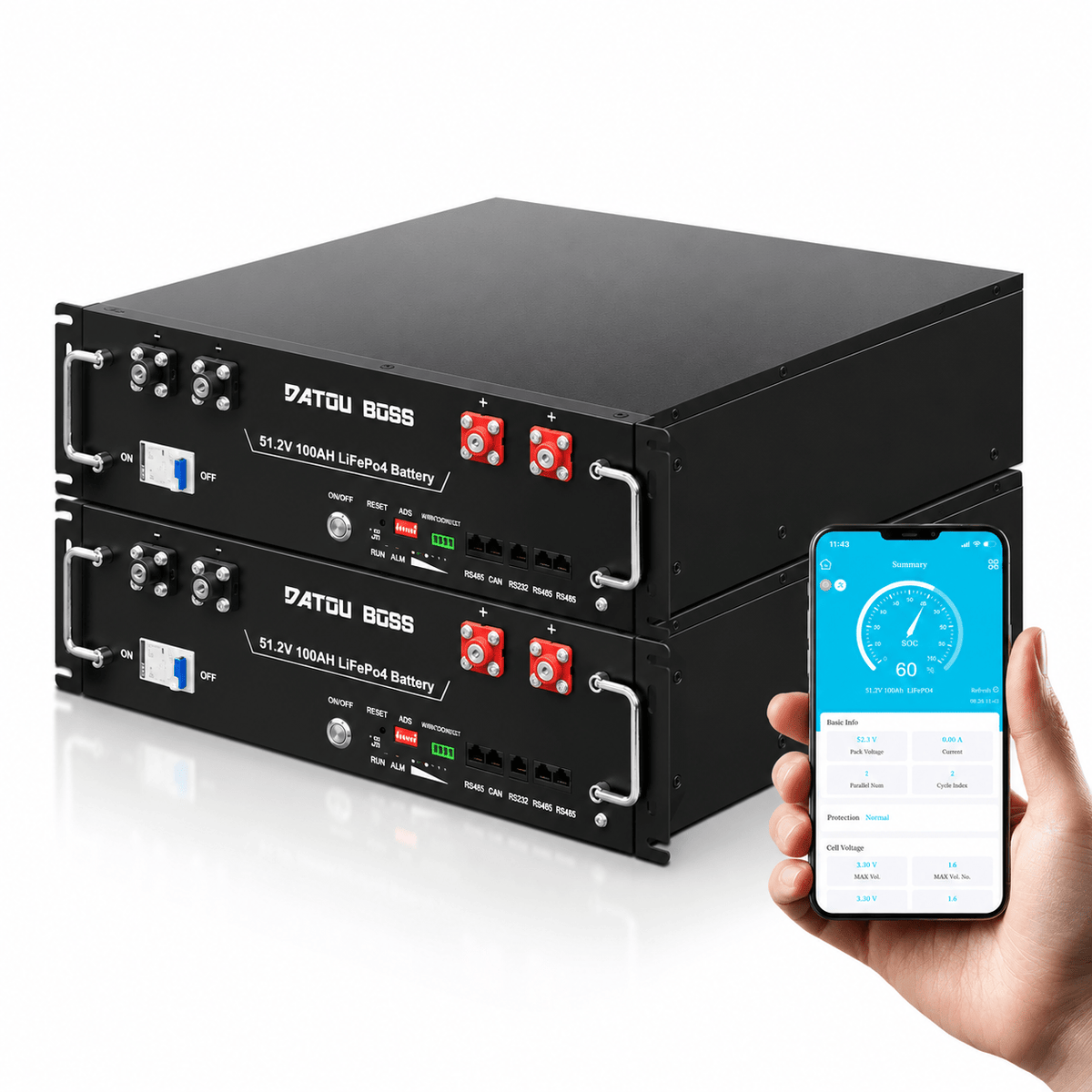 DATOUBOSS 51.2V 100Ah Rack Mount LiFePO4 Battery 5.12kWh, Grade A+ Cells, Bluetooth APP, BMS for RV & Solar Home System - Xdatou