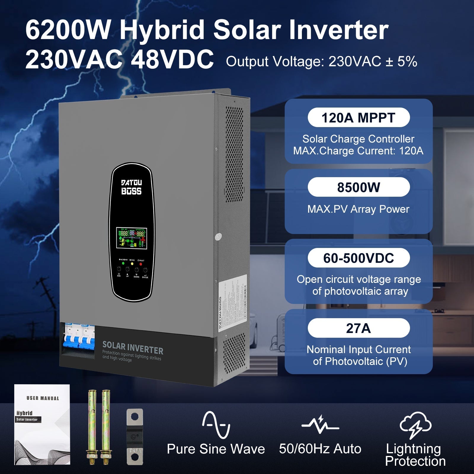DATOUBOSS 6200W Hybrid Inverter 48VDC to 230VAC, 120A MPPT, 8500W PV Input, BMS Protection, Battery - Free Operation, 27A PV Input, Lightning Protection (Compatible with WiFi 04) - Xdatou | Rechargeable Lifepo4 Batteries Voltage Converters Inverter