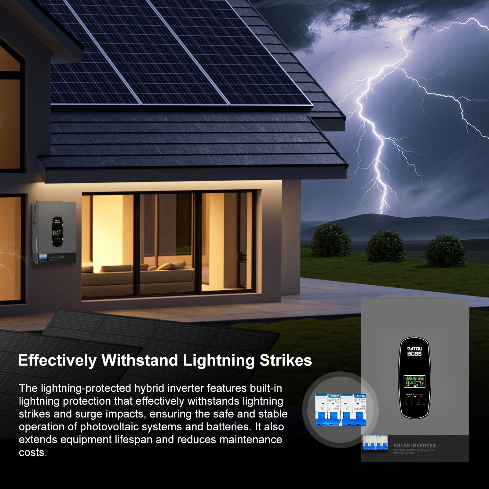 DATOUBOSS 6200W Hybrid Inverter 48VDC to 230VAC, 120A MPPT, 8500W PV Input, BMS Protection, Battery - Free Operation, 27A PV Input, Lightning Protection (Compatible with WiFi 04) - Xdatou | Rechargeable Lifepo4 Batteries Voltage Converters Inverter