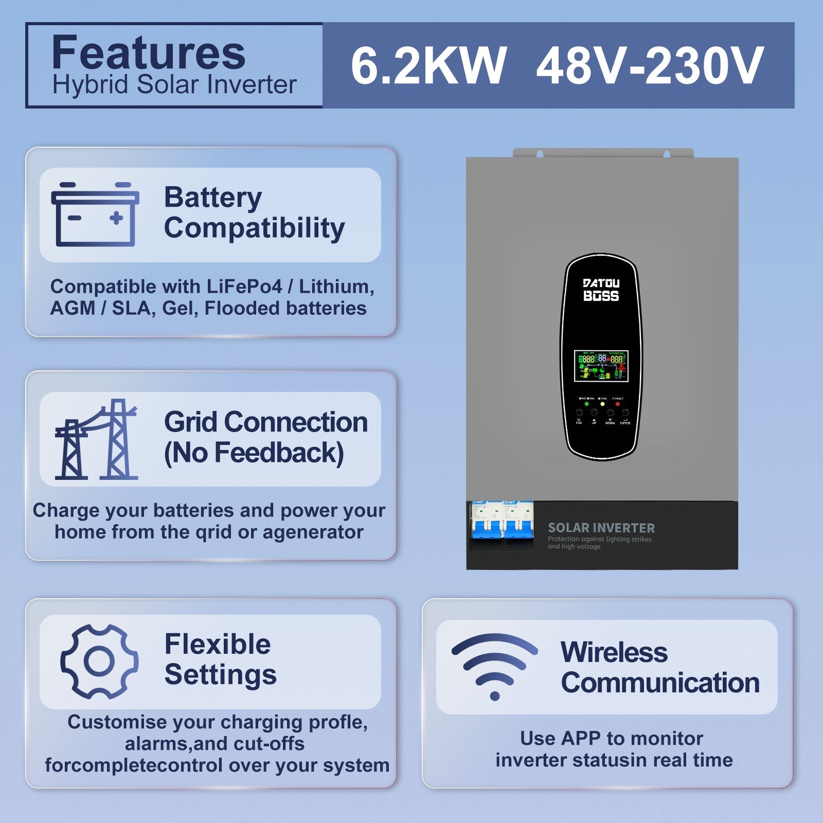 DATOUBOSS 6200W Hybrid Inverter 48VDC to 230VAC, 120A MPPT, 8500W PV Input, BMS Protection, Battery - Free Operation, 27A PV Input, Lightning Protection (Compatible with WiFi 04) - Xdatou | Rechargeable Lifepo4 Batteries Voltage Converters Inverter