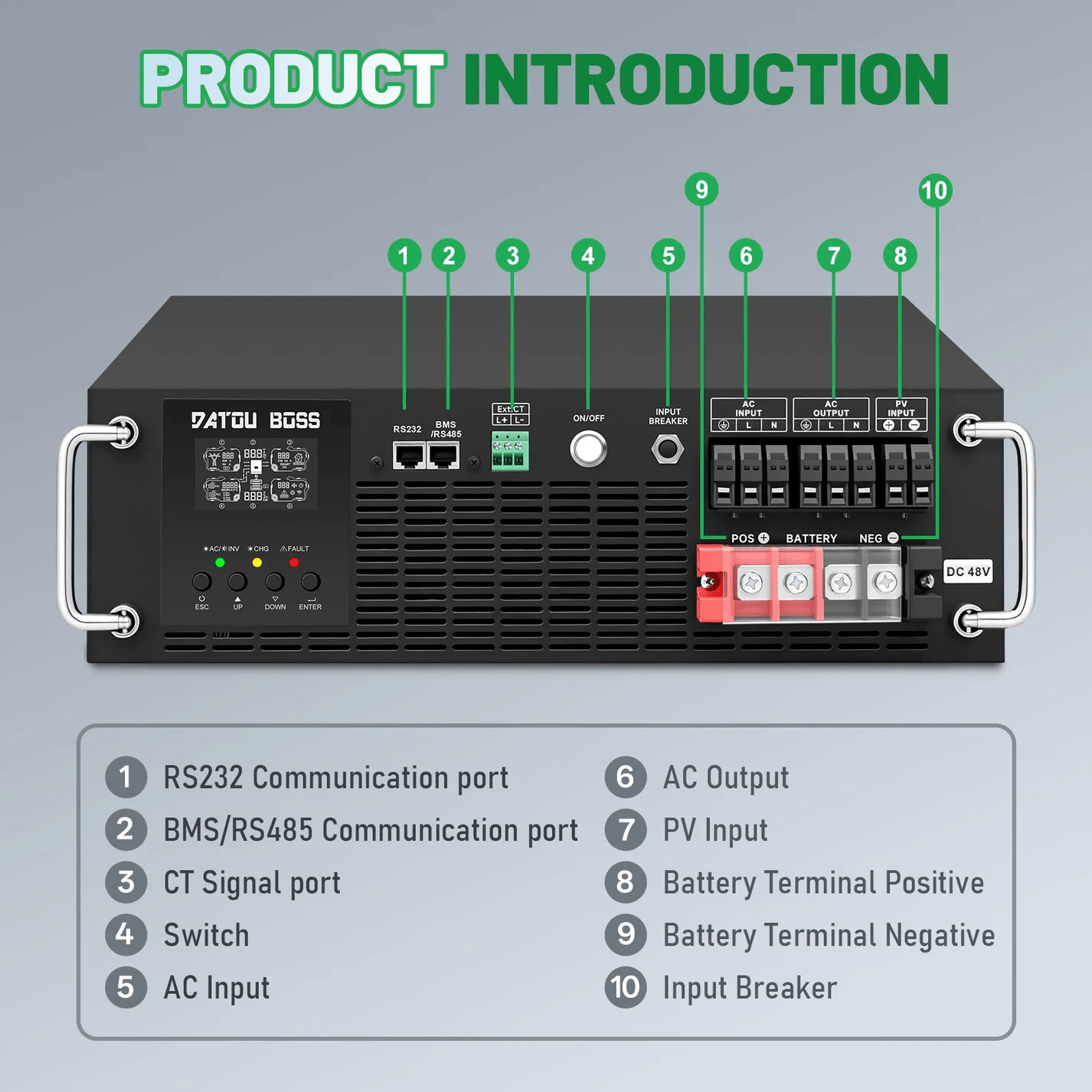 DATOUBOSS 6200W Pure Sine Wave Solar Hybrid Inverter, 48VDC to 230VAC, 120A MPPT, 8500W PV Input, 3U Rack Mount, Built-in UPS Function, Battery-Free Operation, 27A PV Input, BMS Communication, Anti-Backflow Protection, Off-Grid & Grid-Connected Compatible Secondary image
