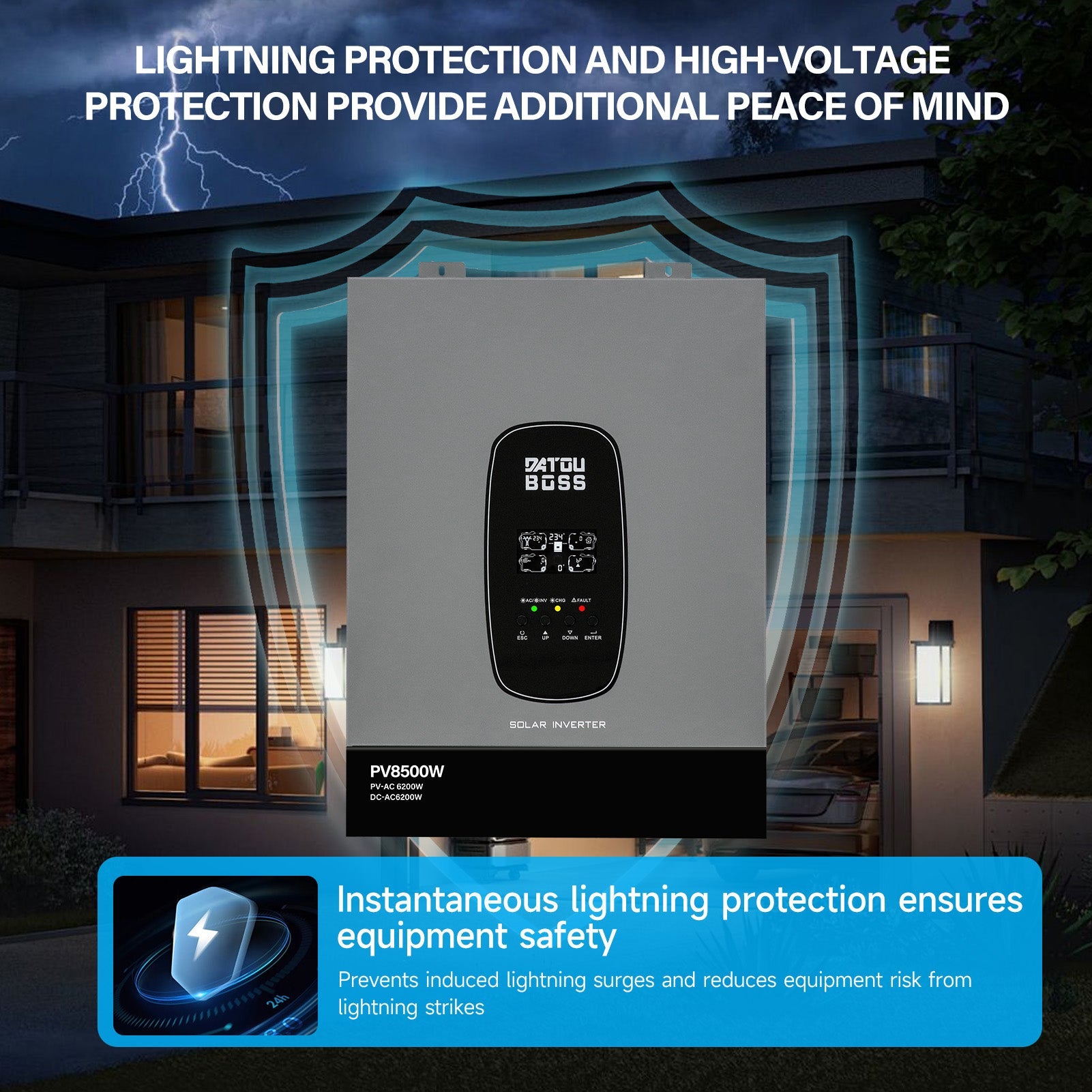 DATOUBOSS 6200W Solar Hybrid Inverter 48VDC to 230VAC, Pure Sine Wave, 120A MPPT, 8500W PV Input, Battery - Free Operation, BMS Protection, 27A PV Input, Lightning & Anti - Backflow Protection(Compatible with WiFi 04) - Xdatou | Rechargeable Lifepo4 Batteries Voltage Converters Inverter