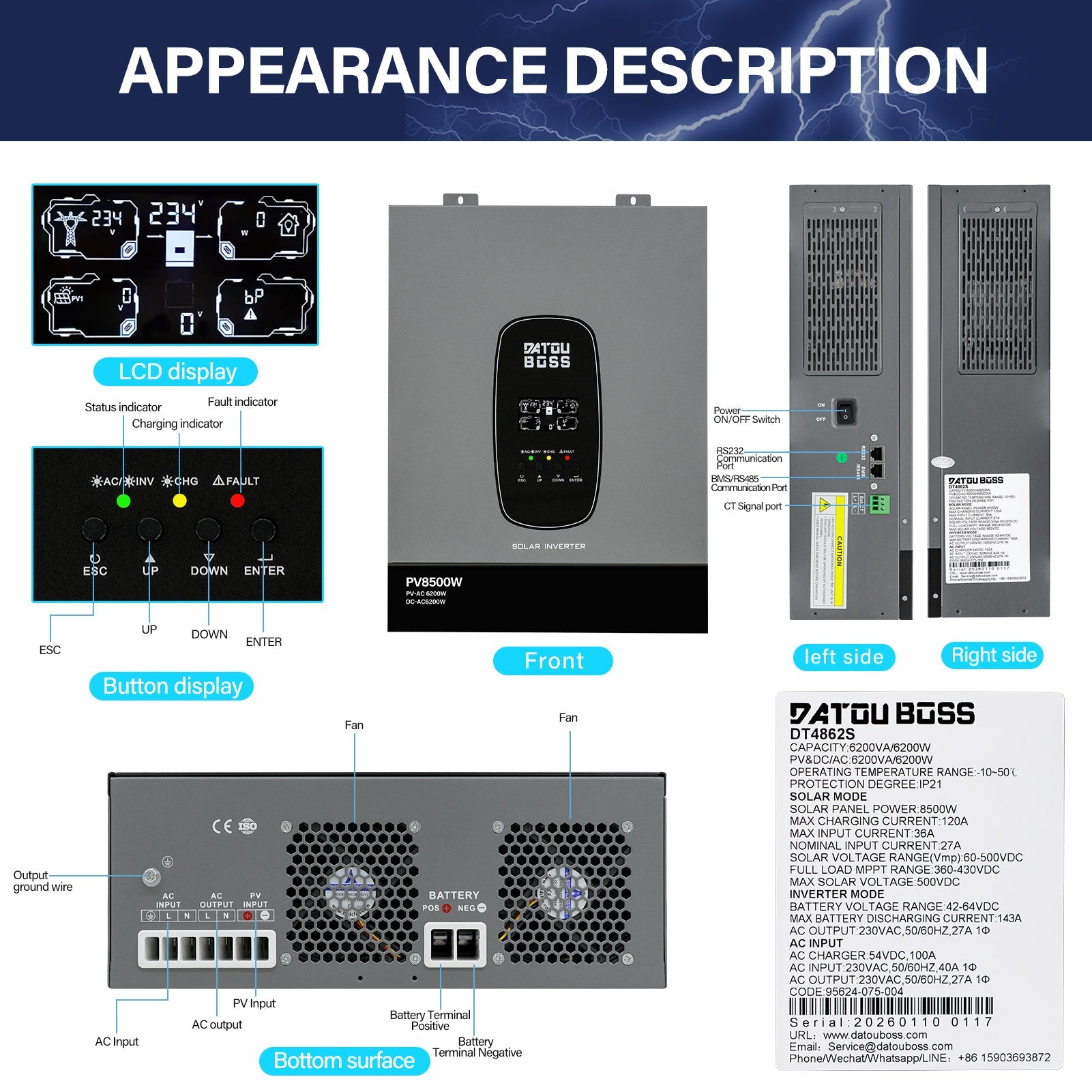 DATOUBOSS 6200W Solar Hybrid Inverter 48VDC to 230VAC, Pure Sine Wave, 120A MPPT, 8500W PV Input, Battery - Free Operation, BMS Protection, 27A PV Input, Lightning & Anti - Backflow Protection(Compatible with WiFi 04) - Xdatou | Rechargeable Lifepo4 Batteries Voltage Converters Inverter