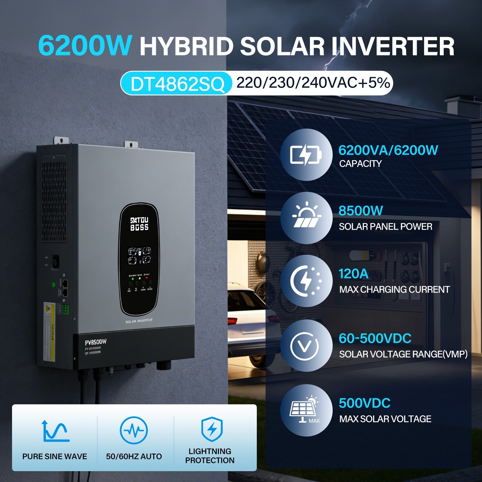 DATOUBOSS 6200W Solar Hybrid Inverter 48VDC to 230VAC, Pure Sine Wave, 120A MPPT, 8500W PV Input, Battery - Free Operation, BMS Protection, 27A PV Input, Lightning & Anti - Backflow Protection(Compatible with WiFi 04) - Xdatou | Rechargeable Lifepo4 Batteries Voltage Converters Inverter