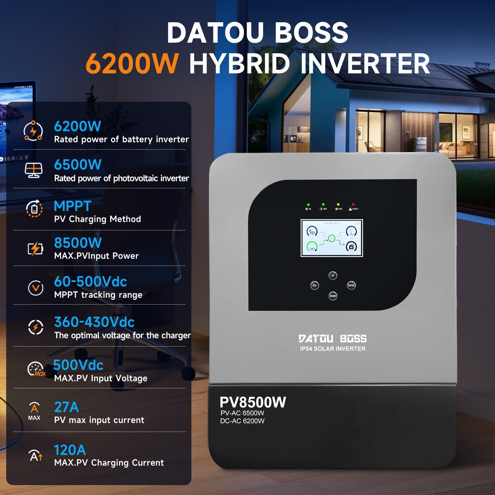 DATOUBOSS 6200W Solar Hybrid Inverter 48VDC to 230VAC, Pure Sine Wave Inverter with 120A MPPT Secondary image