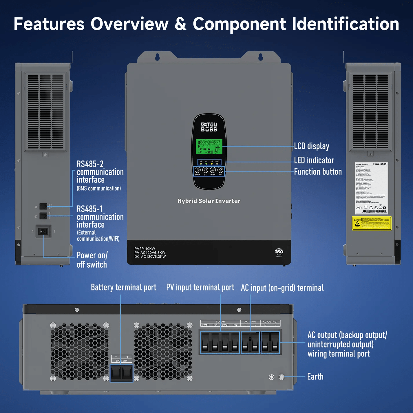 DATOUBOSS 6300W 48V Hybrid Solar Inverter, Dual MPPT 10kW PV Input, 120A High-Current Charging, Off‑Grid/Grid‑Tied/UPS 3‑in‑1, Supports Battery‑Free Operation, with HD LCD Display & Filter, Backup Power for Home/RV/Yacht/Agriculture - Xdatou | Rechargeable Lifepo4 Batteries Voltage Converters Inverter