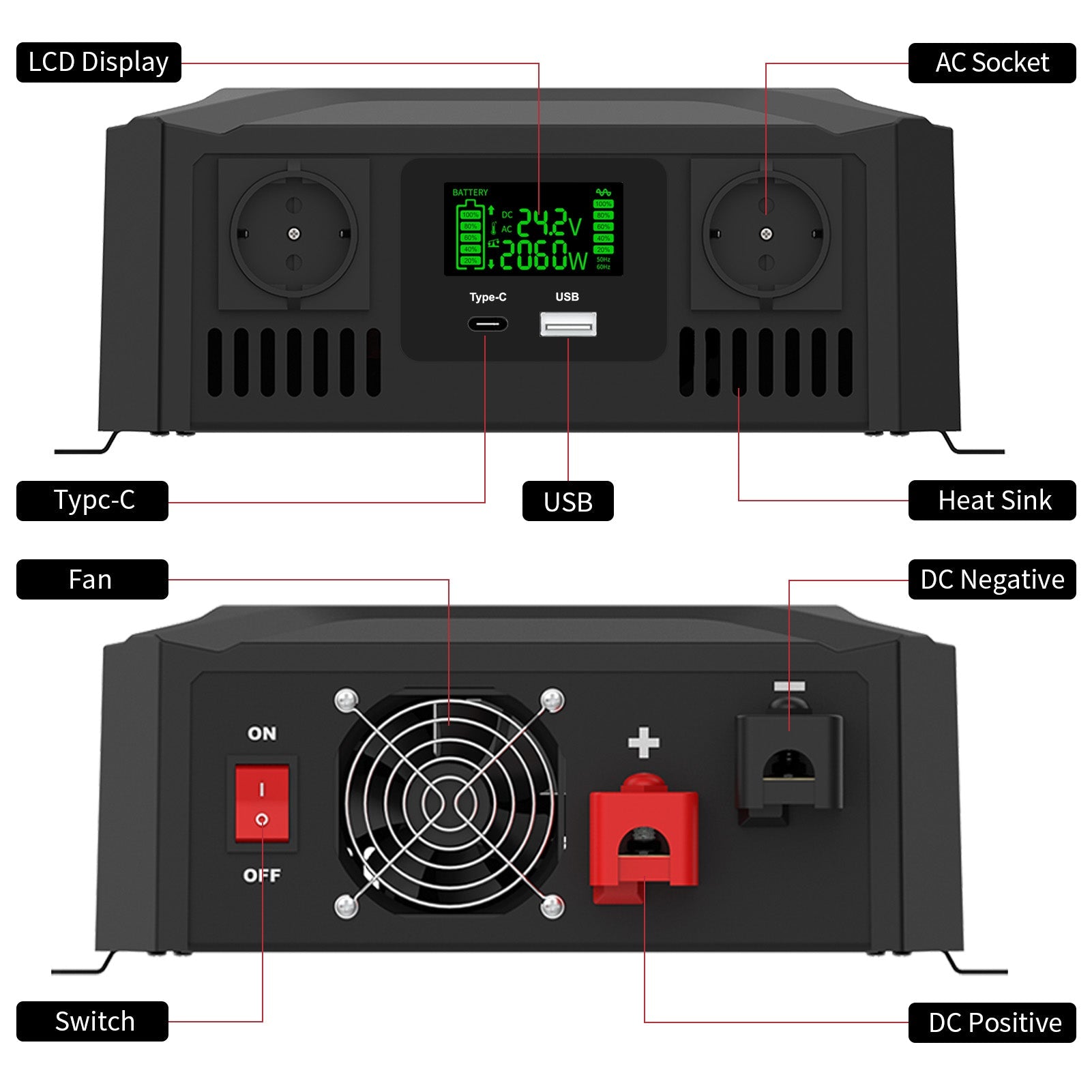 DATOUBOSS Universal Double Voltage Converter 1200W/2000W Pure Sine Wave Inverter, 12V/24V to 230V AC Voltage Converter, Peak Power 2300W/4000W Peak Power, with Intelligent Detection System & LCD Display & 2 EU Socket - Xdatou | Rechargeable Lifepo4 Batteries Voltage Converters Inverter