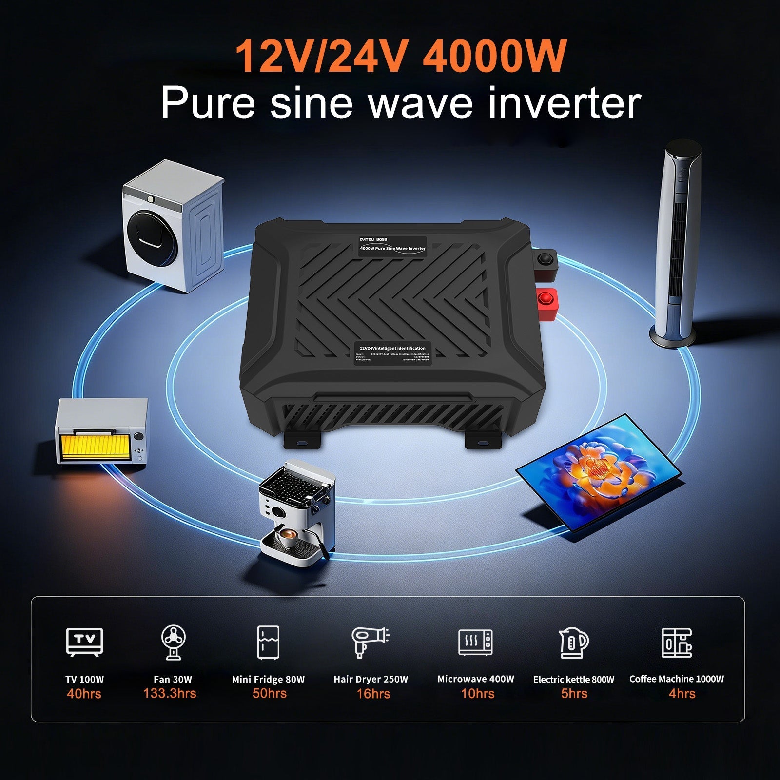 DATOUBOSS Universal Double Voltage Converter 1200W/2000W Pure Sine Wave Inverter, 12V/24V to 230V AC Voltage Converter, Peak Power 2300W/4000W Peak Power, with Intelligent Detection System & LCD Display & 2 EU Socket - Xdatou | Rechargeable Lifepo4 Batteries Voltage Converters Inverter