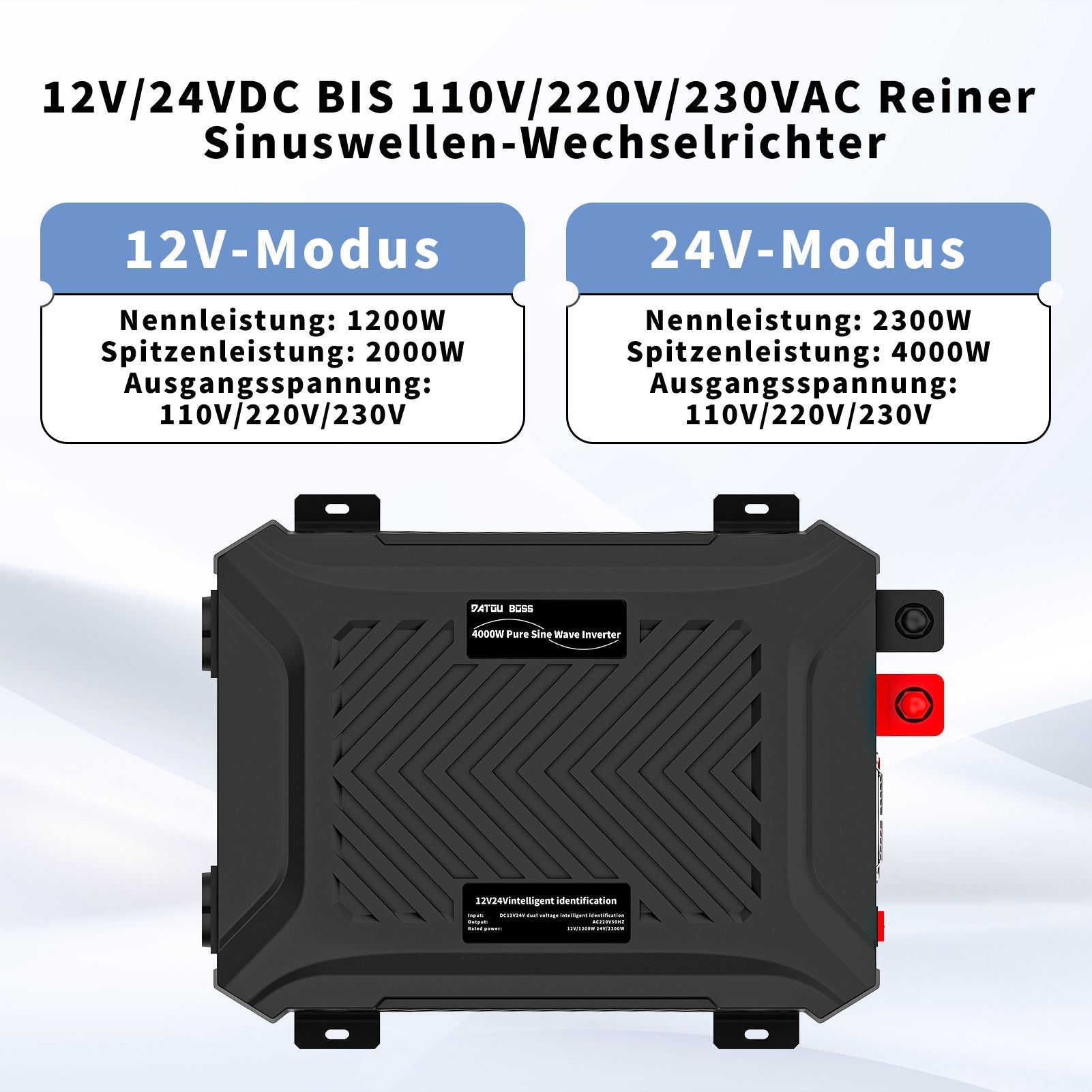 DATOUBOSS Universal Double Voltage Converter 1200W/2000W Pure Sine Wave Inverter, 12V/24V to 230V AC Voltage Converter, Peak Power 2300W/4000W Peak Power, with Intelligent Detection System & LCD Display & 2 EU Socket - Xdatou | Rechargeable Lifepo4 Batteries Voltage Converters Inverter