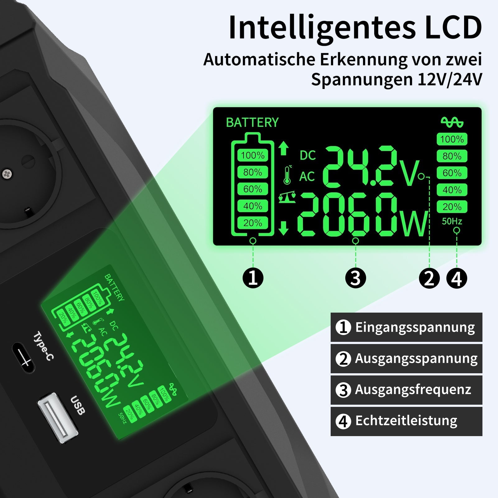 DATOUBOSS Universal Double Voltage Converter 1200W/2000W Pure Sine Wave Inverter, 12V/24V to 230V AC Voltage Converter, Peak Power 2300W/4000W Peak Power, with Intelligent Detection System & LCD Display & 2 EU Socket - Xdatou | Rechargeable Lifepo4 Batteries Voltage Converters Inverter