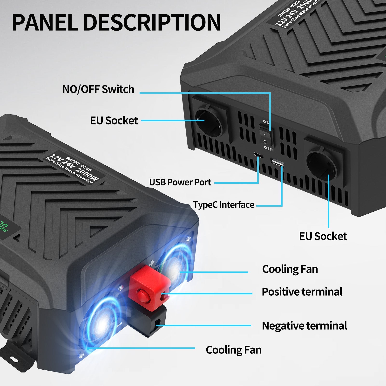 DATOUBOSS Universal Double Voltage Converter 2000W Pure Sine Wave Inverter, 12V/24V to 230V AC Voltage Converter, Peak Power 4000W Peak Power, with Intelligent Detection System & LCD Display & 2 EU Socket - Xdatou | Rechargeable Lifepo4 Batteries Voltage Converters Inverter