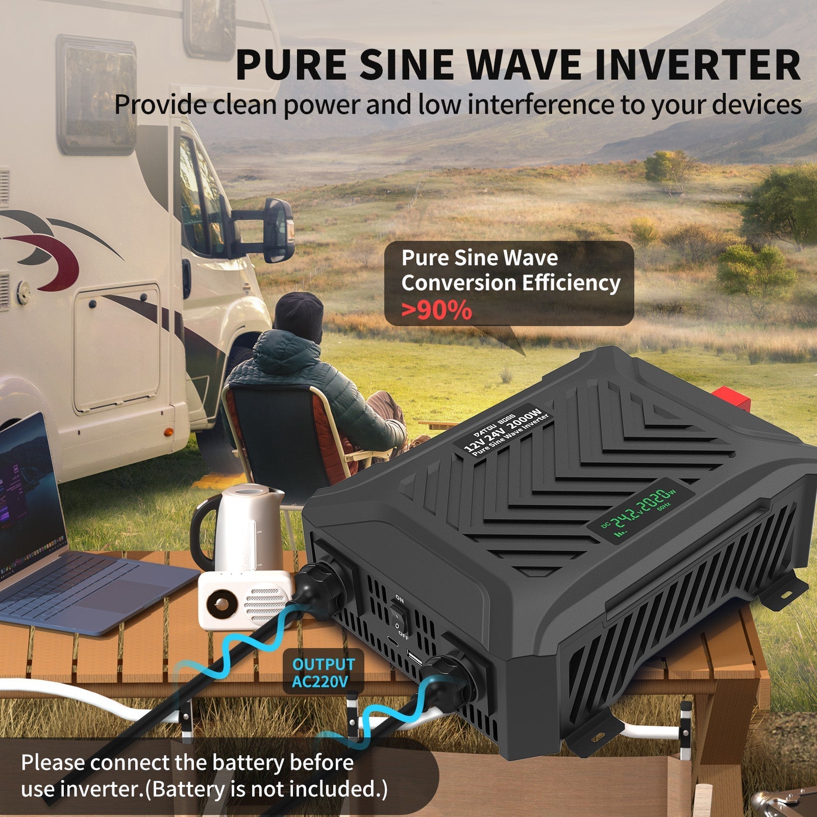 DATOUBOSS Universal Double Voltage Converter 2000W Pure Sine Wave Inverter, 12V/24V to 230V AC Voltage Converter, Peak Power 4000W Peak Power, with Intelligent Detection System & LCD Display & 2 EU Socket - Xdatou | Rechargeable Lifepo4 Batteries Voltage Converters Inverter