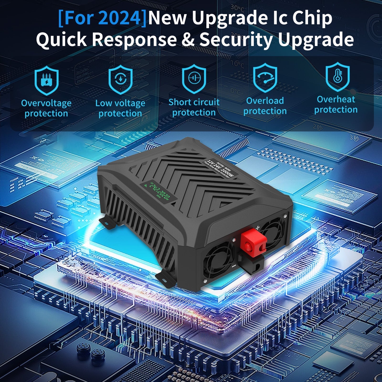 DATOUBOSS Universal Double Voltage Converter 2000W Pure Sine Wave Inverter, 12V/24V to 230V AC Voltage Converter, Peak Power 4000W Peak Power, with Intelligent Detection System & LCD Display & 2 EU Socket - Xdatou | Rechargeable Lifepo4 Batteries Voltage Converters Inverter