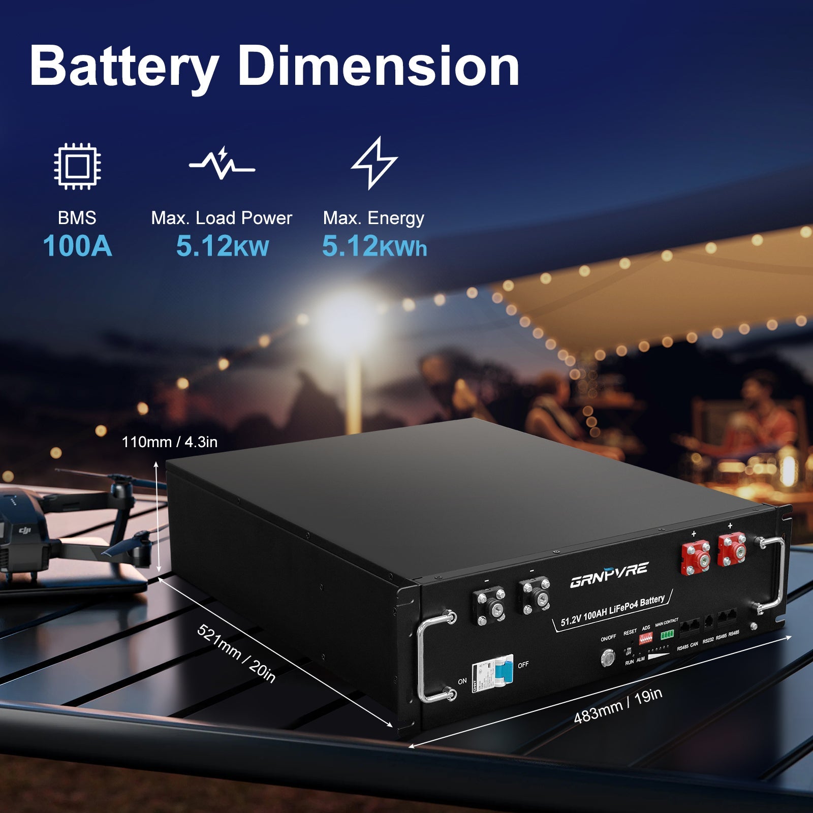 GRNPVRE 48V 100Ah LiFePO4 Lithium Battery, 5.12kWh 3U Rack Mount Server Battery, Bluetooth & App Monitoring, Built-in 100A BMS, 15,000+ Deep Cycles, Supports RS232/RS485/CAN, for Home Off Grid RV Backup Power Secondary image