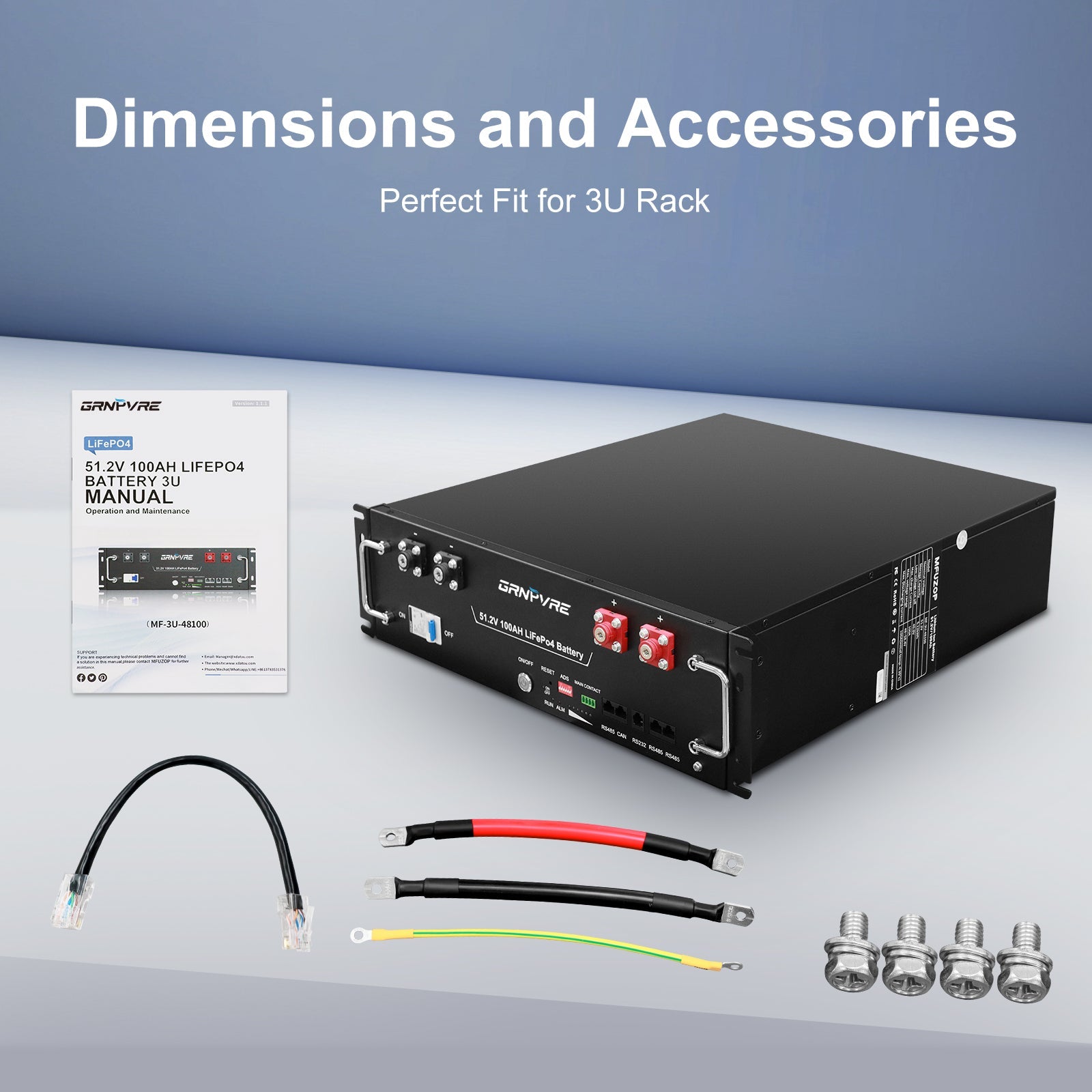 GRNPVRE 48V 100Ah LiFePO4 Battery, 5.12kWh 3U Rack Mount Server Battery, 100A BMS, 6000+ Cycles, for Off Grid Backup Power