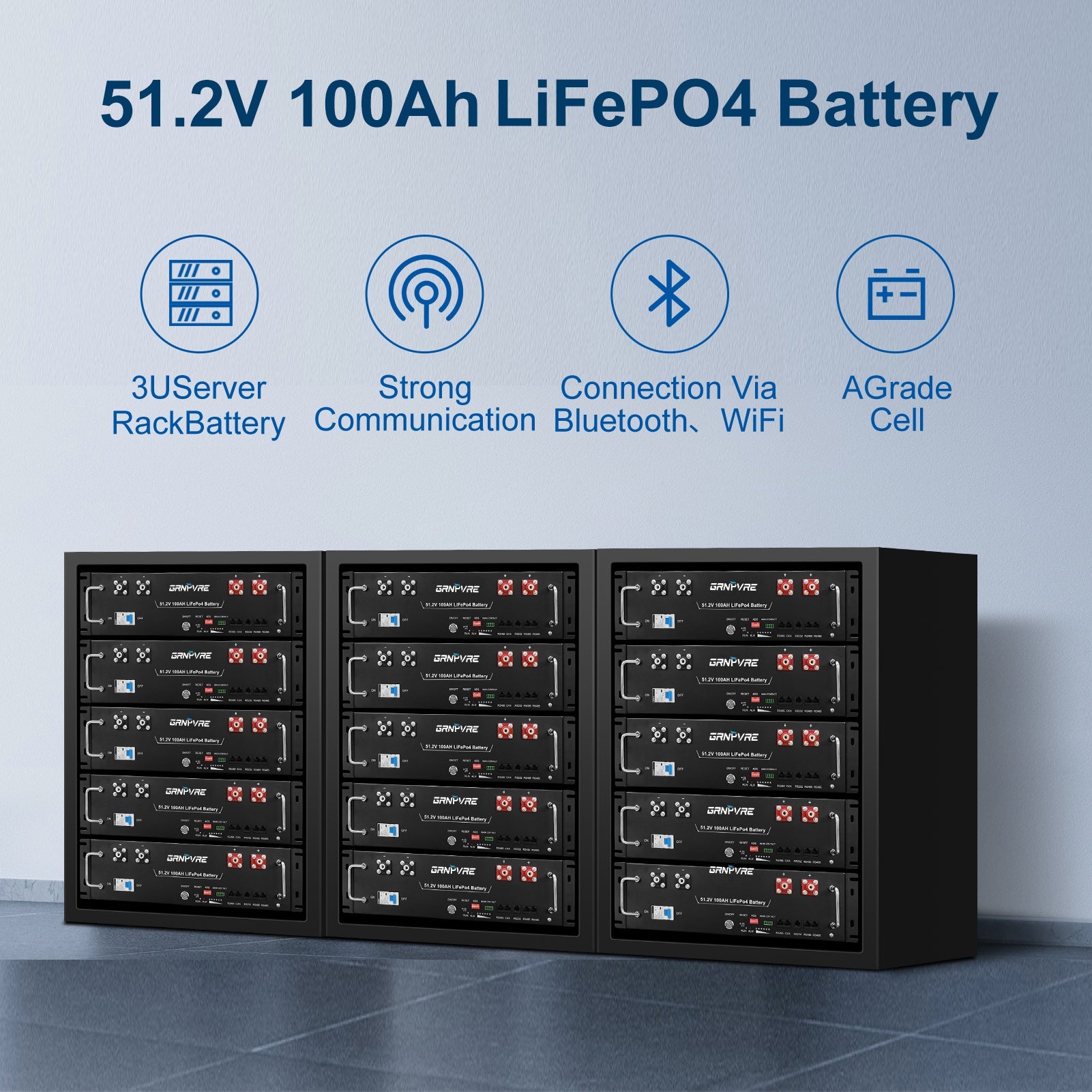 GRNPVRE 48V 100Ah LiFePO4 Battery, 5.12kWh 3U Rack Mount Server Battery, 100A BMS, 6000+ Cycles, for Off Grid Backup Power